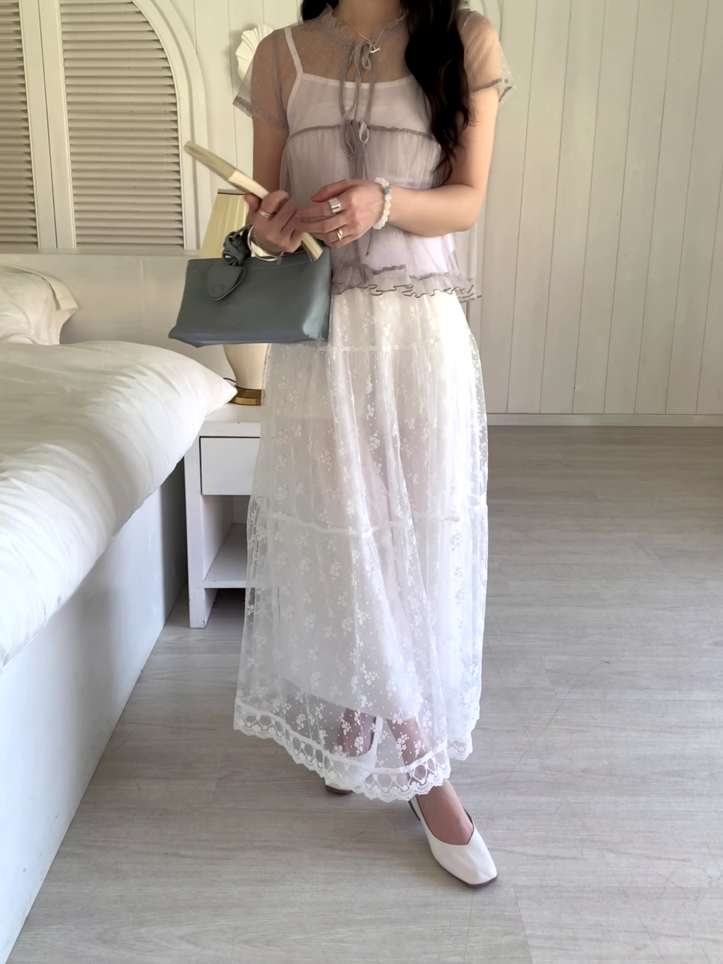 HELLO MILK TEE- 86694   網紗兩件套