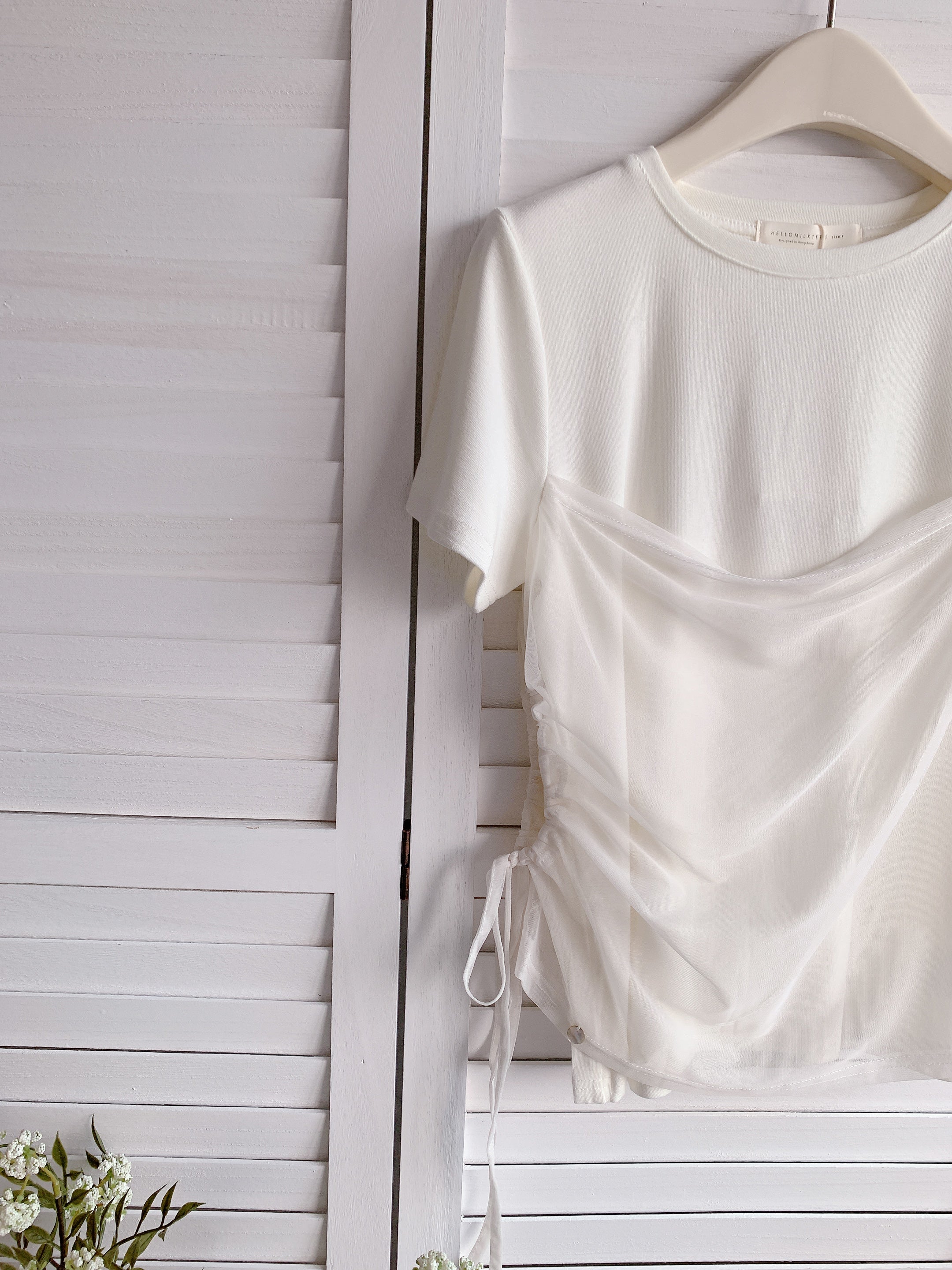 HELLO MILK TEE- 86321 網紗抽繩衫