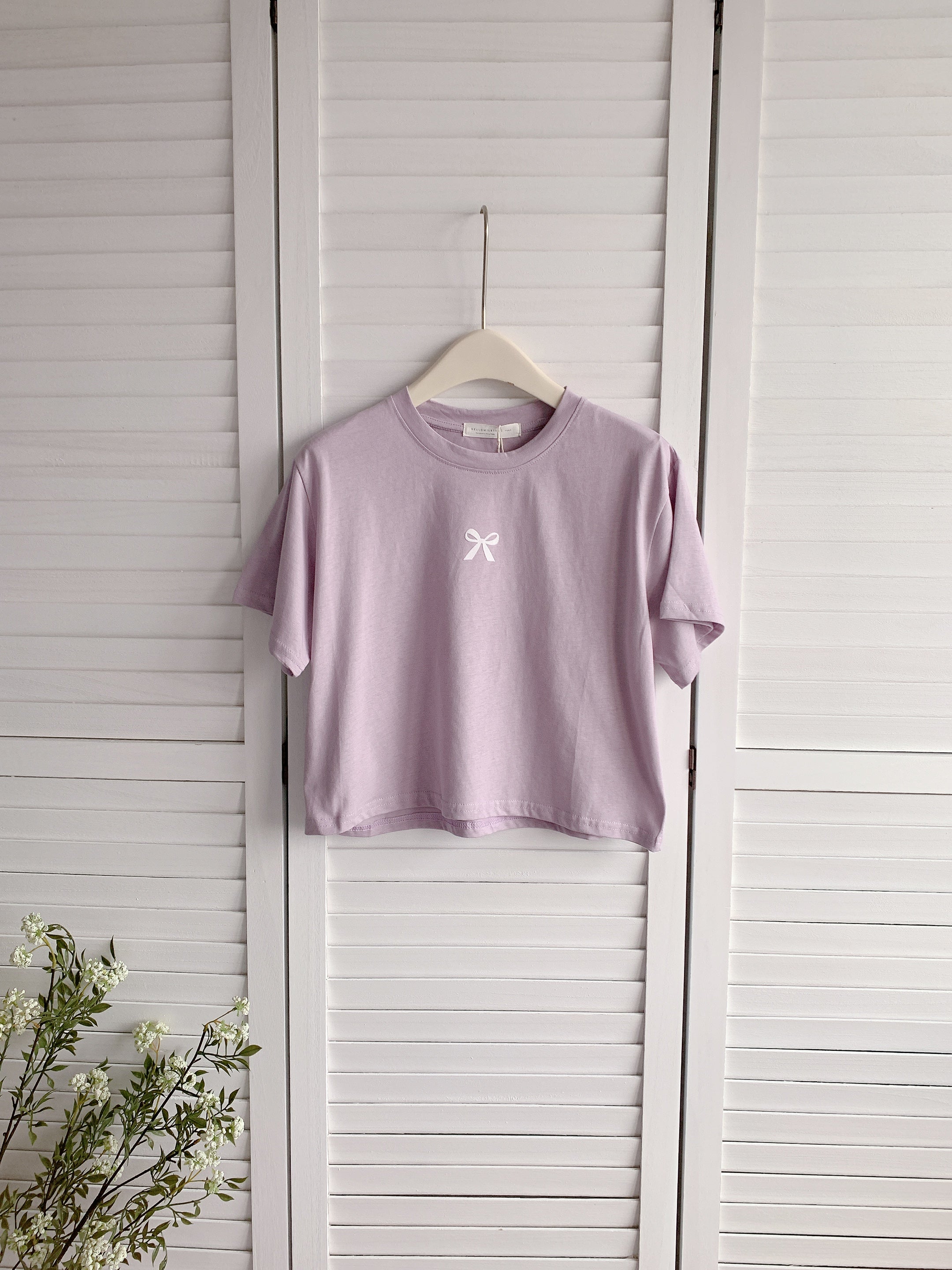 HELLO MILK TEE- 86501  蝴蝶結植絨圖案短袖衫