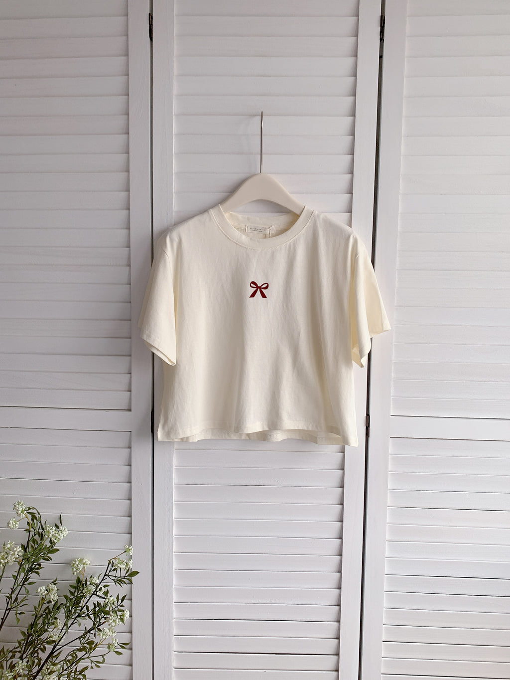 HELLO MILK TEE- 86501  蝴蝶結植絨圖案短袖衫