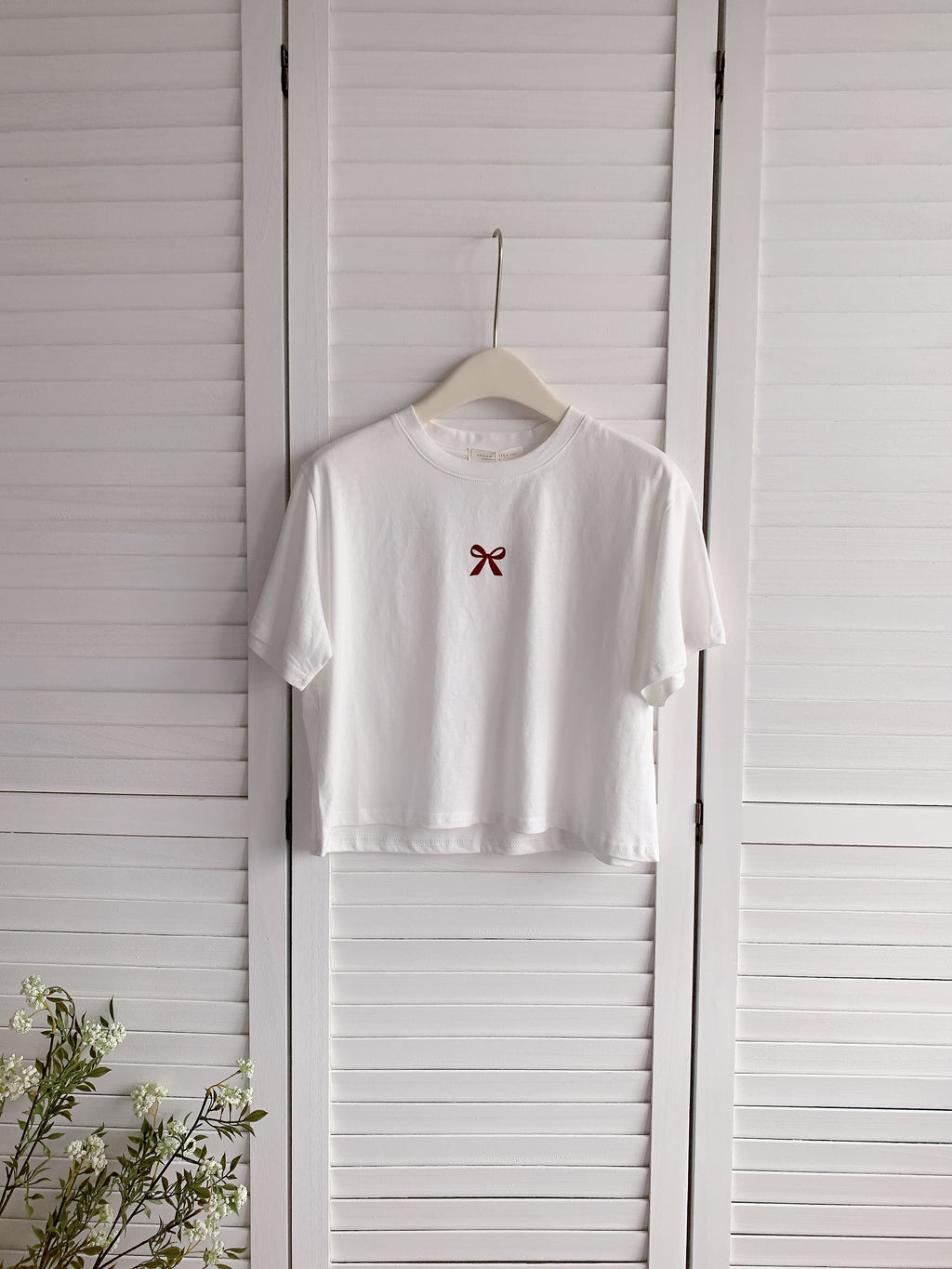 HELLO MILK TEE- 86501  蝴蝶結植絨圖案短袖衫
