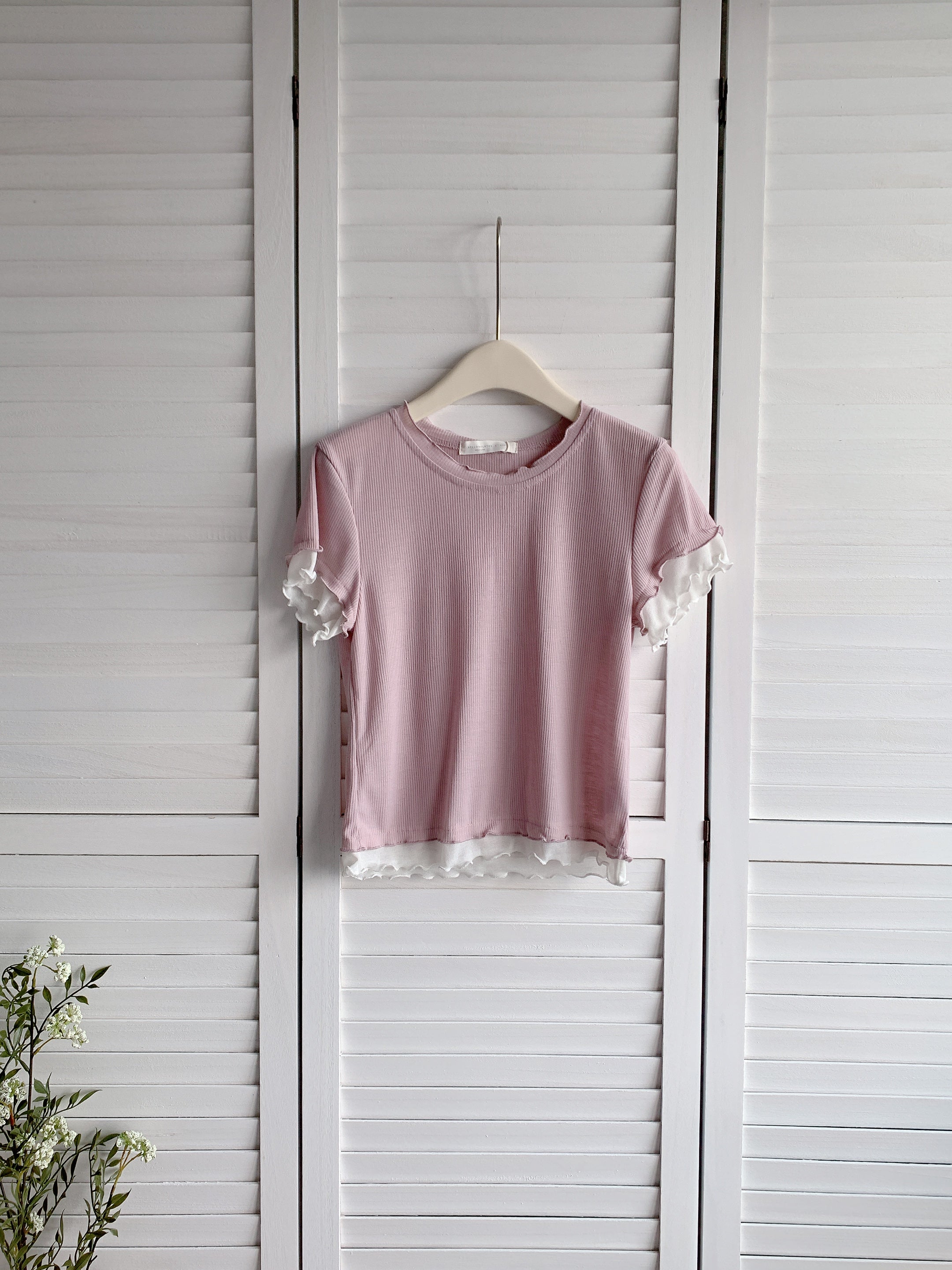 HELLO MILK TEE- 86587  花邊拼接衫