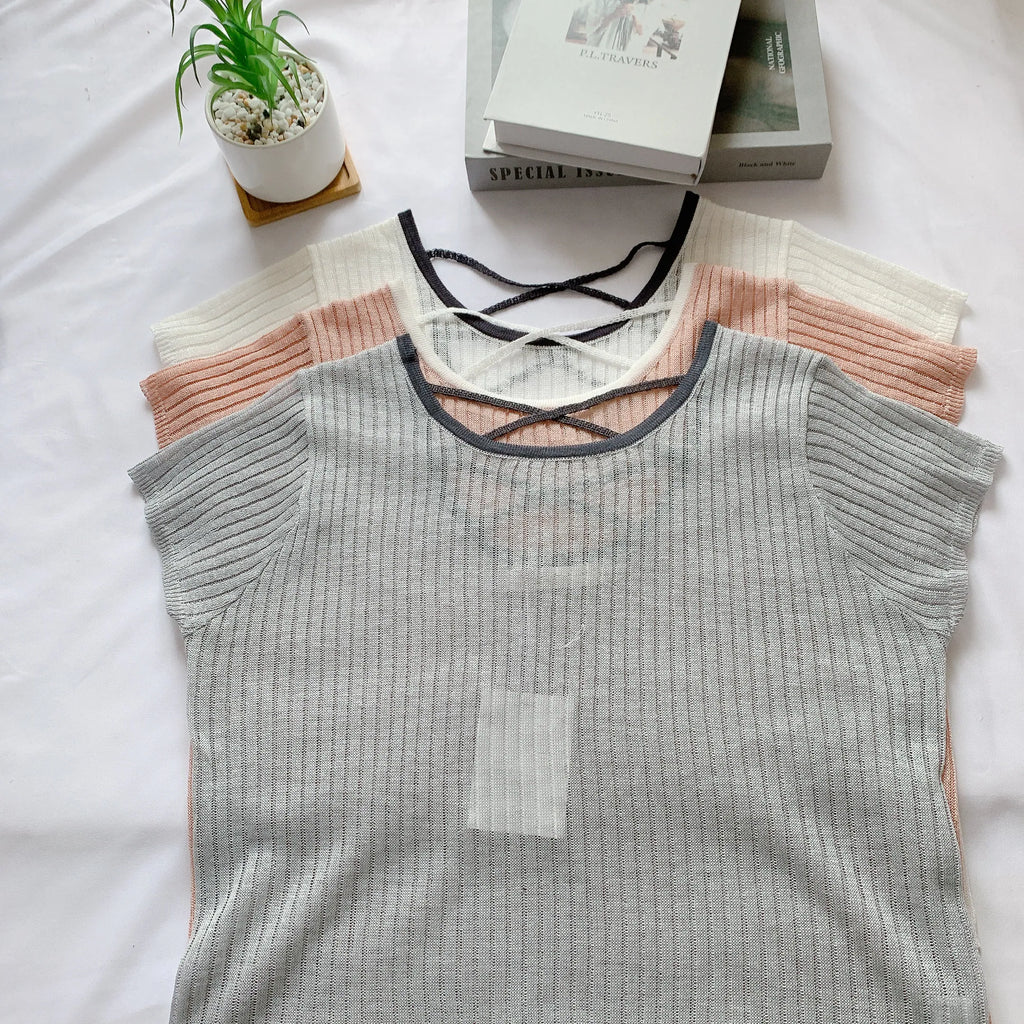 HELLO MILK TEE- 85113 坑條交叉衫