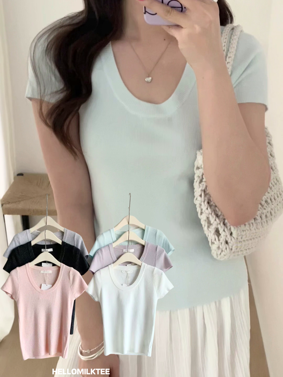 HELLO MILK TEE- 86056 圓領後小蝴蝶結上衣