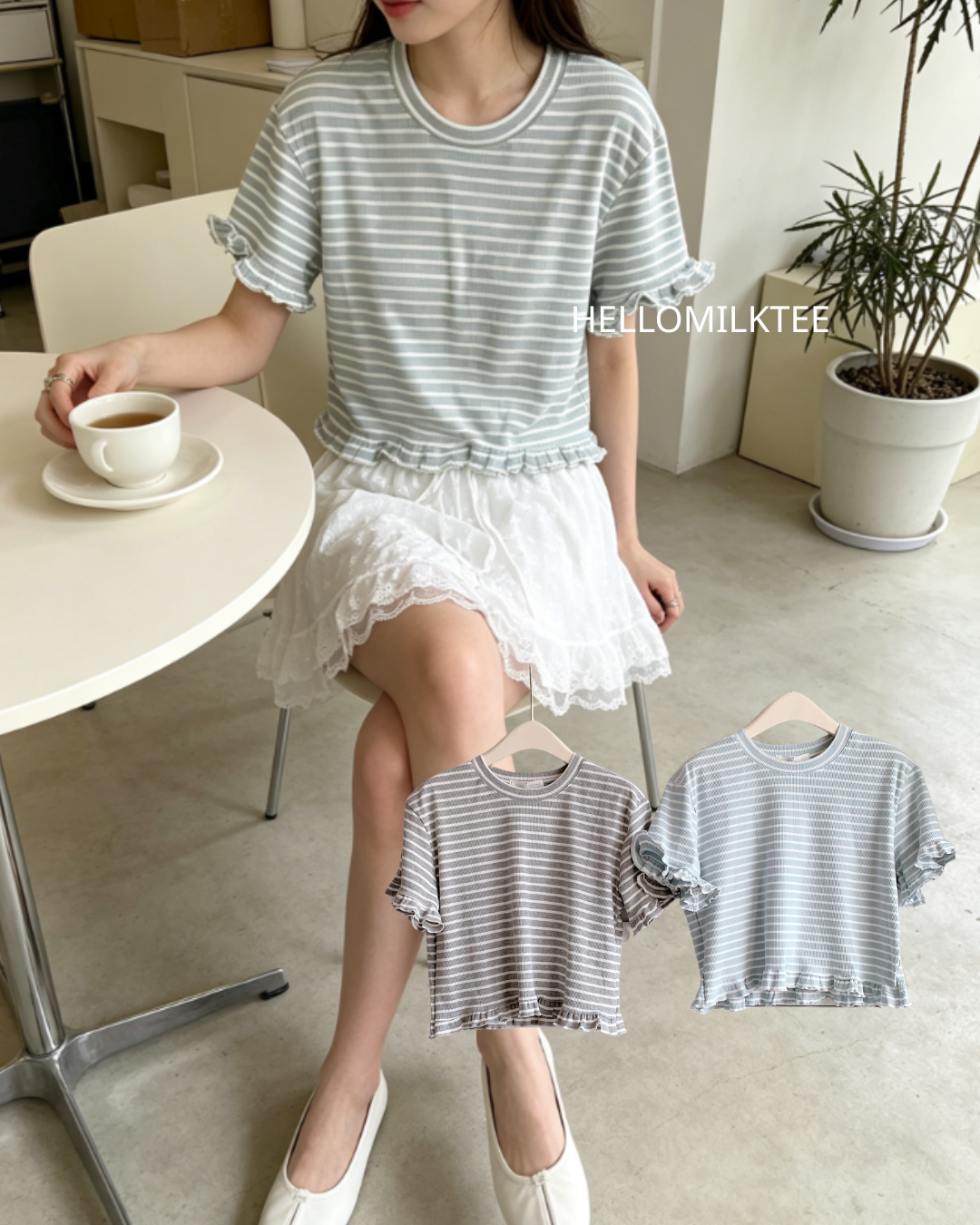 HELLO MILK TEE- 86472  條紋短袖