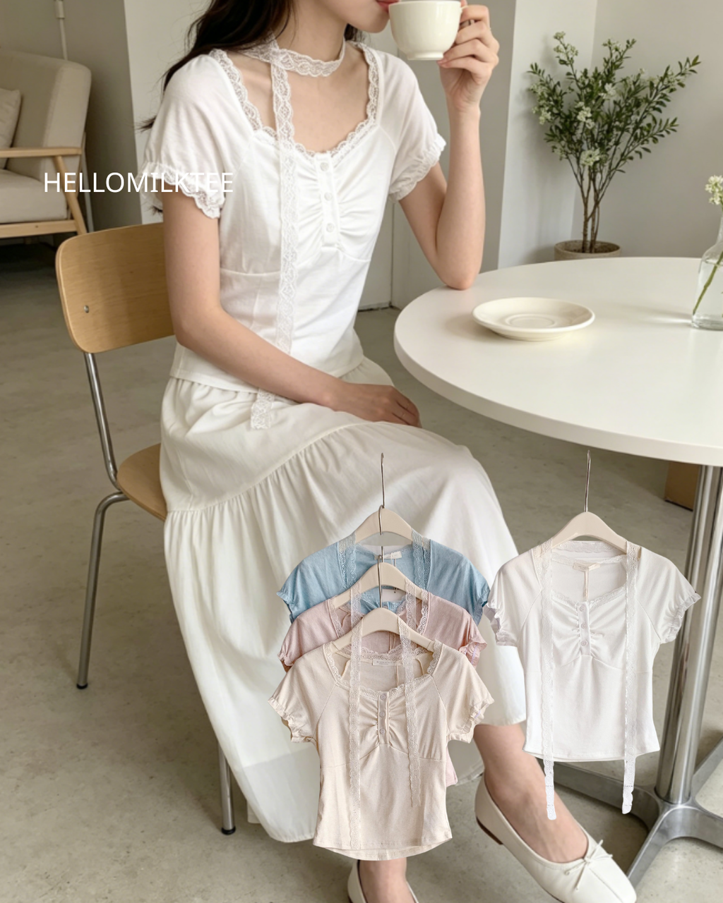HELLO MILK TEE- 86466  方領蕾絲衫