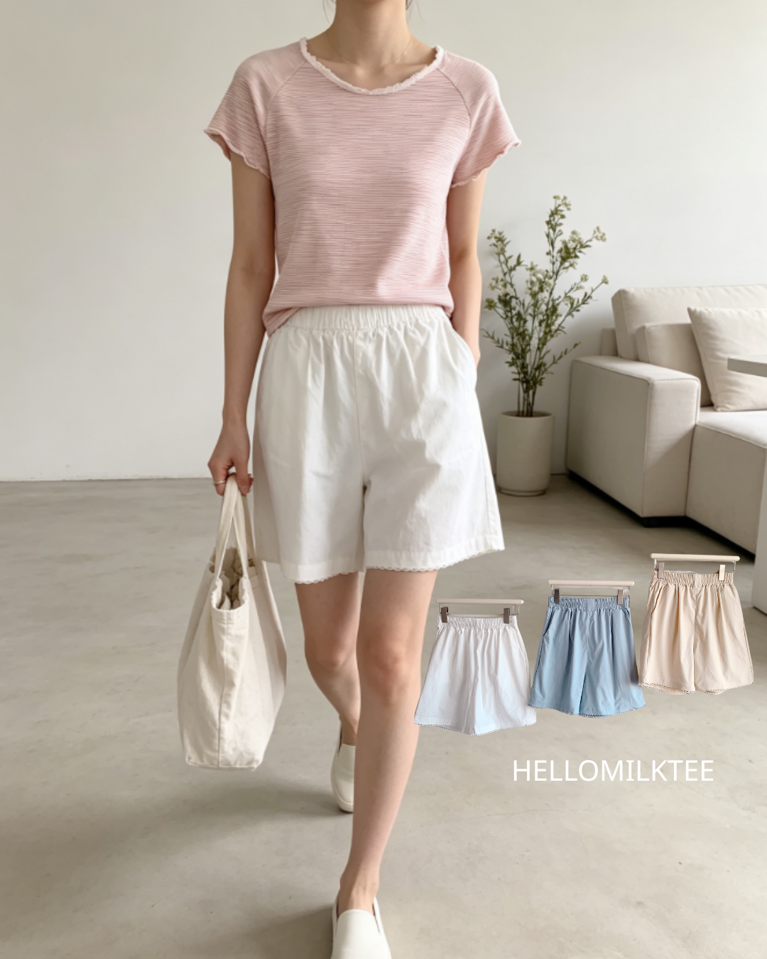 HELLO MILK TEE- 86428  純色短褲