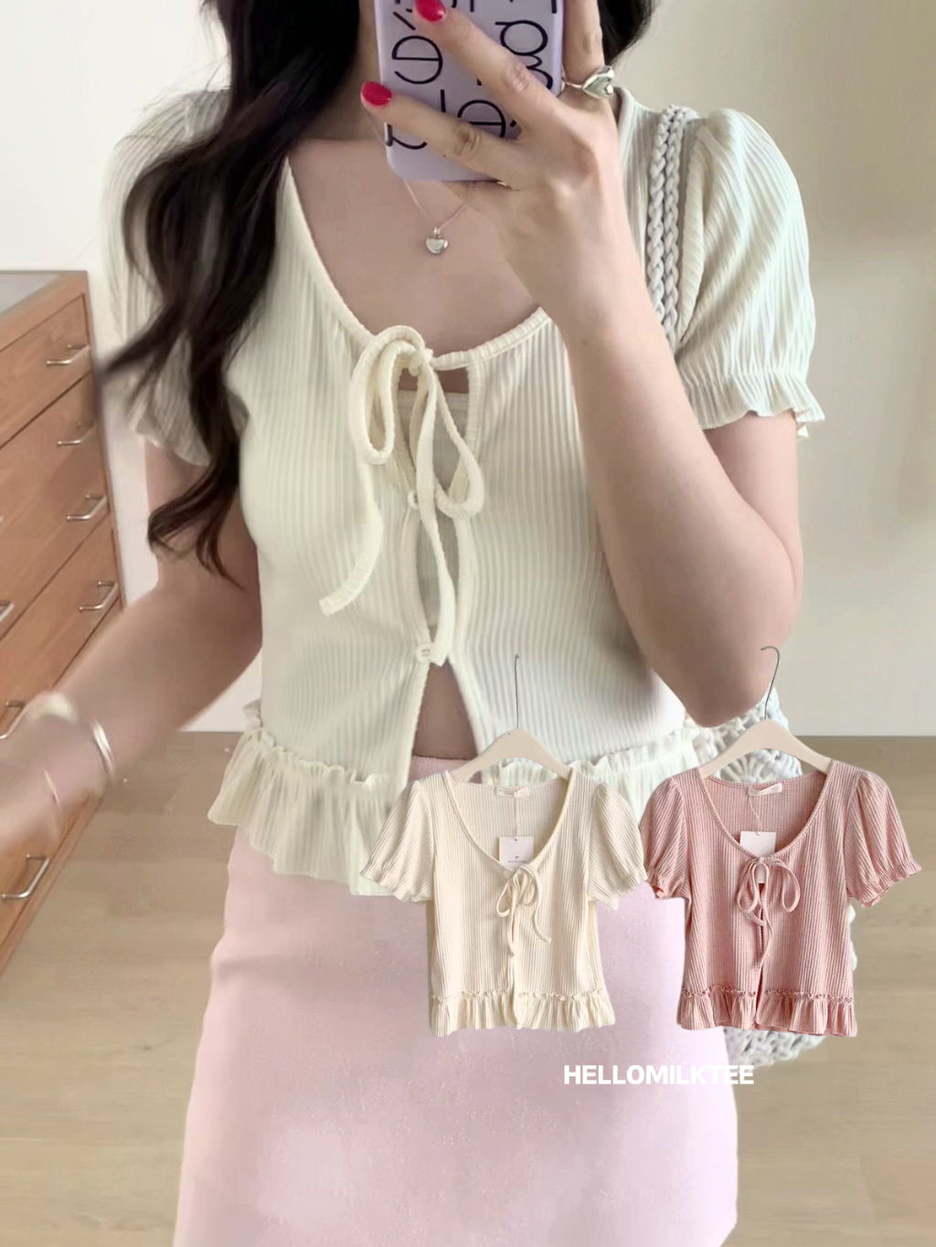 HELLO MILK TEE- 86122 綁繩小衫