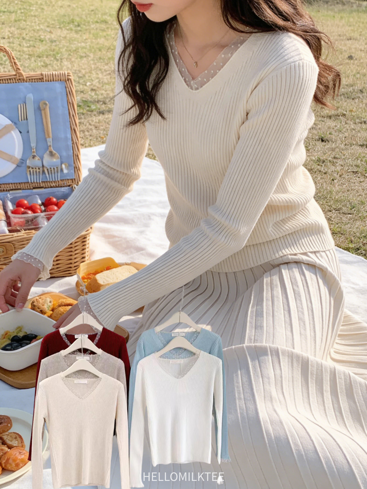 HELLO MILK TEE- 85976 拼接花邊衫