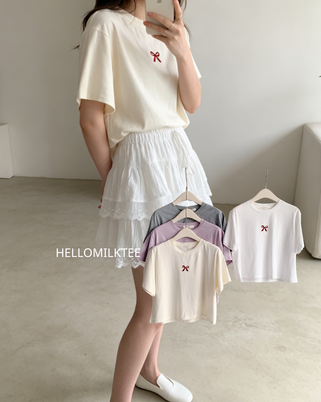 HELLO MILK TEE- 86501  蝴蝶結植絨圖案短袖衫
