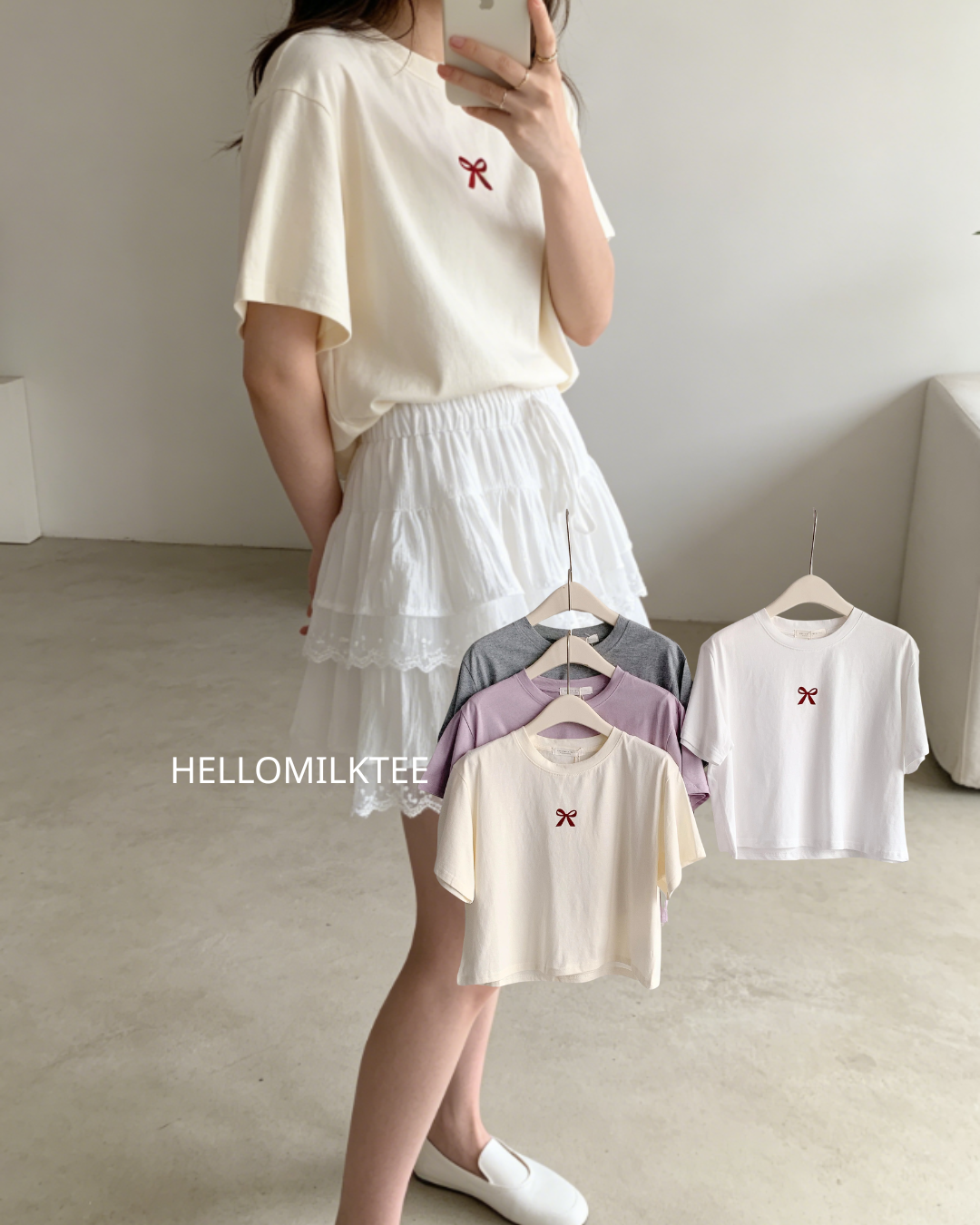HELLO MILK TEE- 86501  蝴蝶結植絨圖案短袖衫