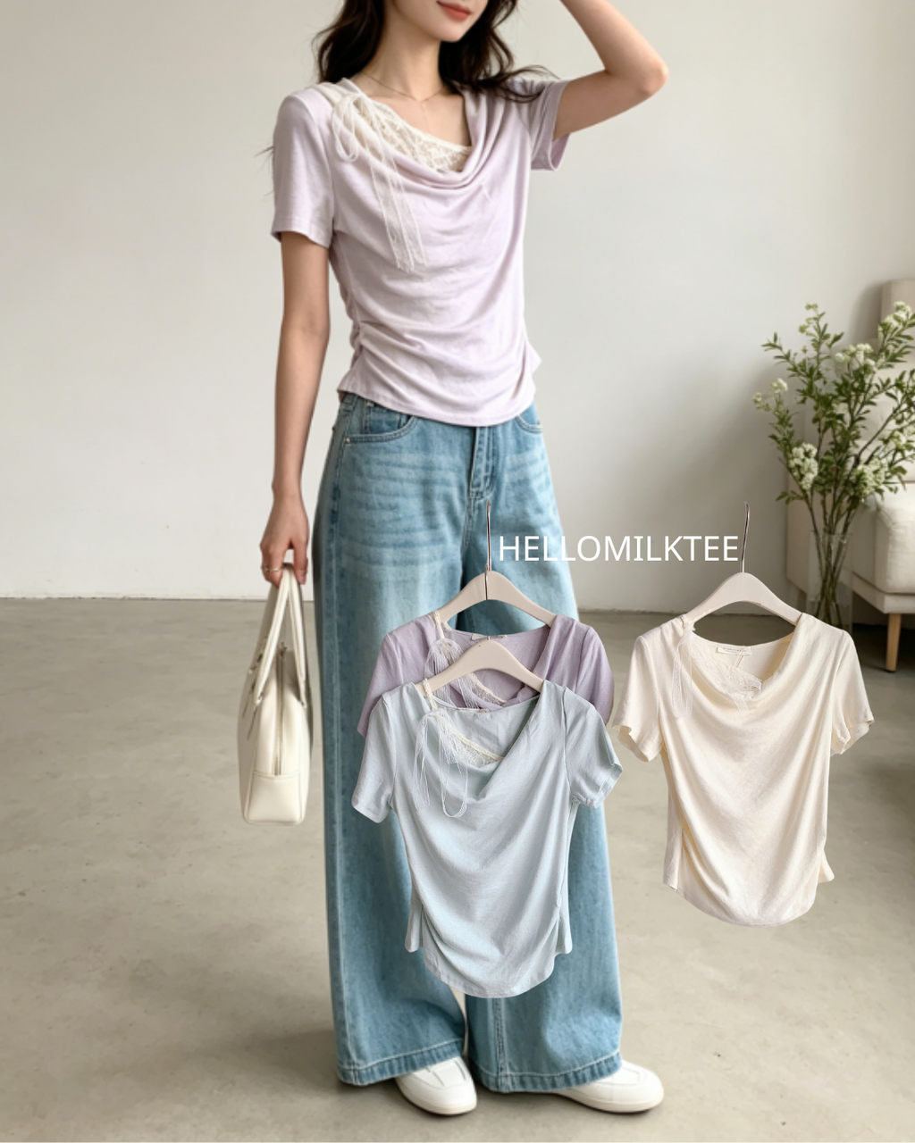 HELLO MILK TEE- 86464  假兩件短袖