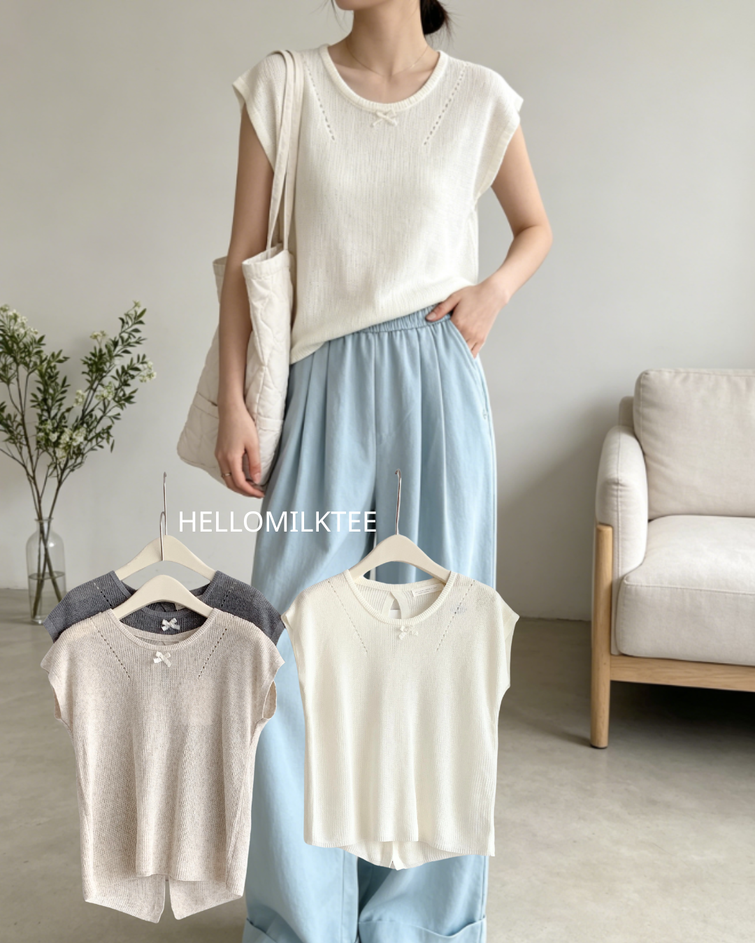 HELLO MILK TEE- 86516  圓領鏤空衫