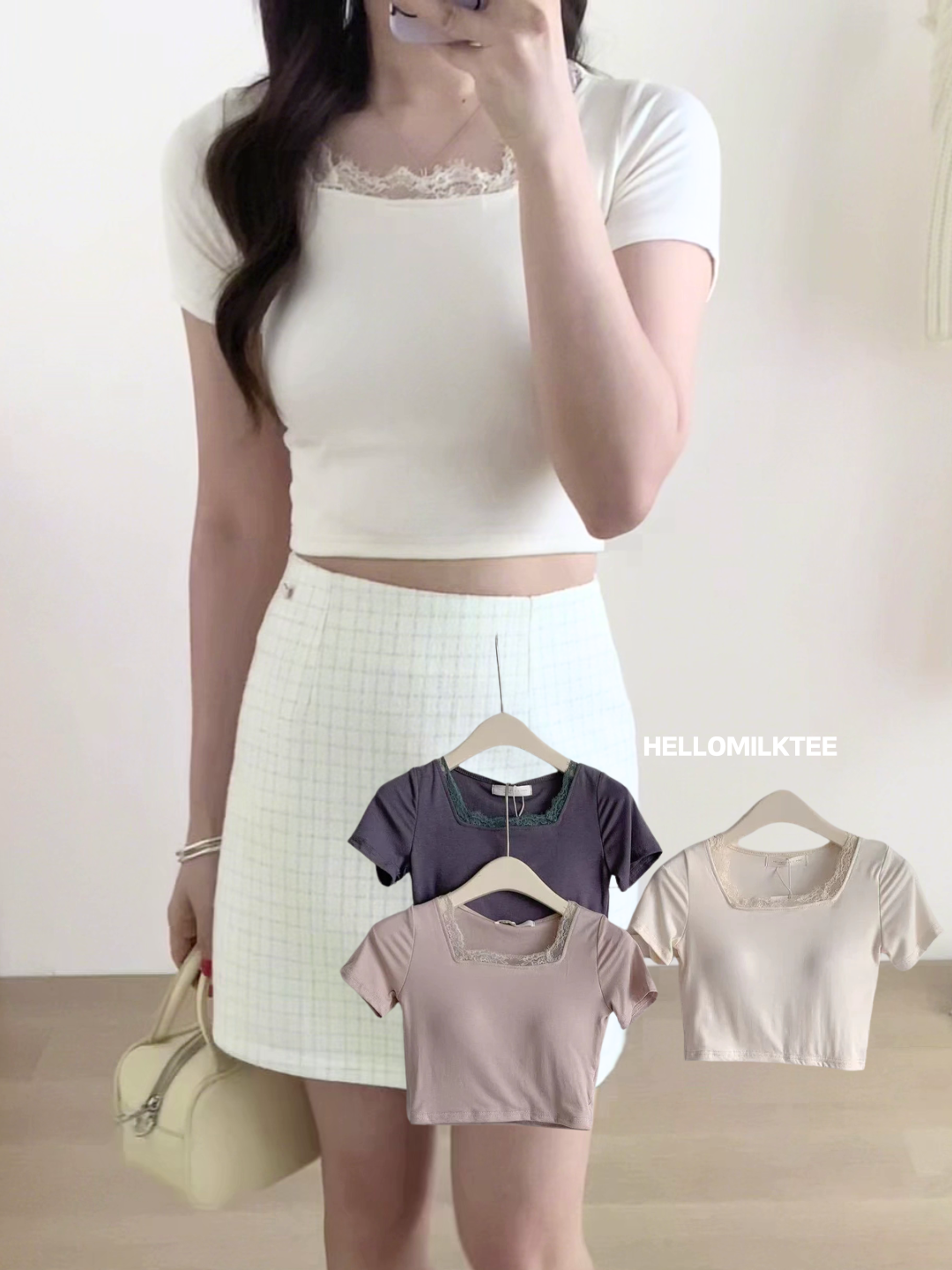 HELLO MILK TEE- 86014 短袖LACE邊有墊上衣