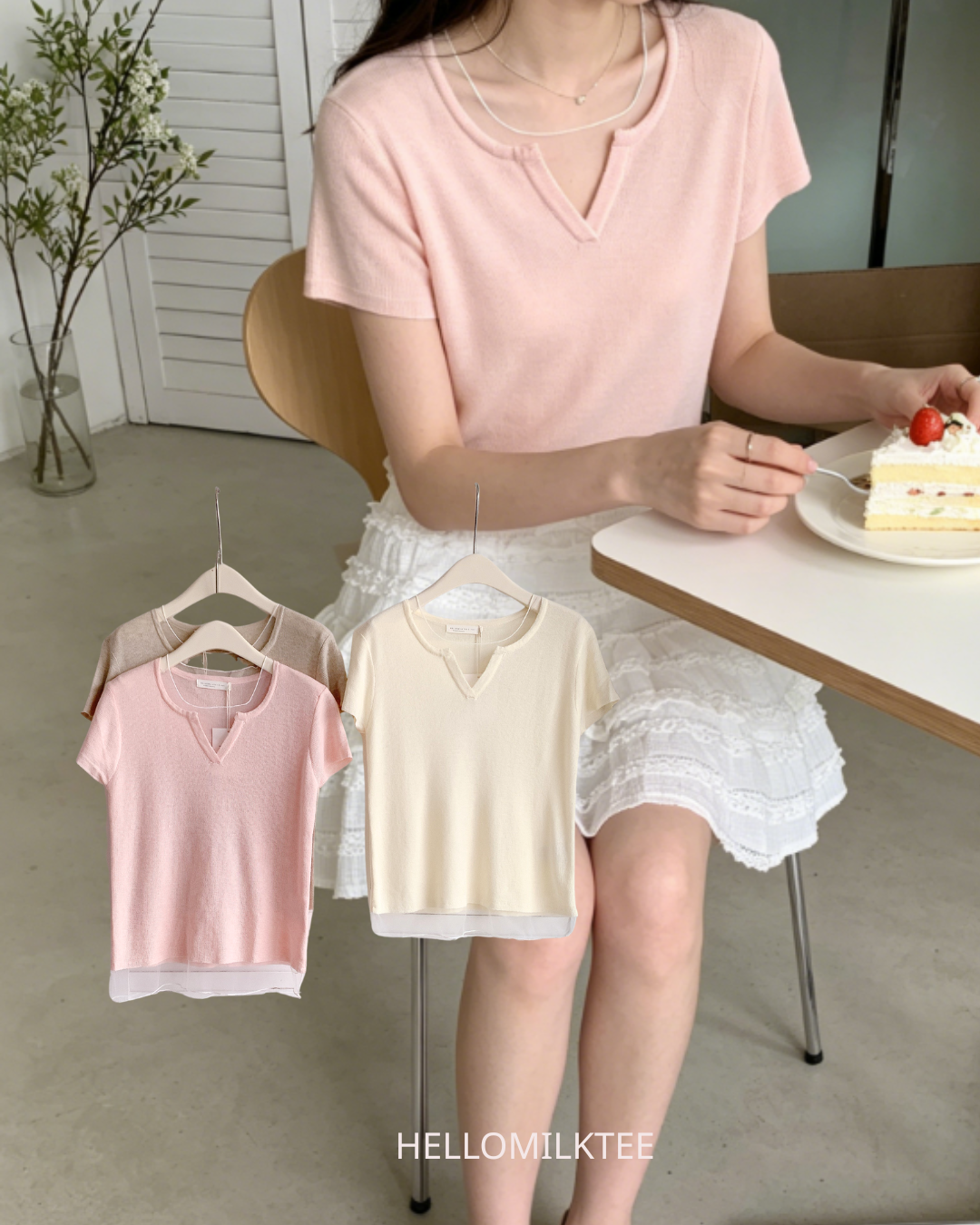 HELLO MILK TEE- 86517  V領網紗衫