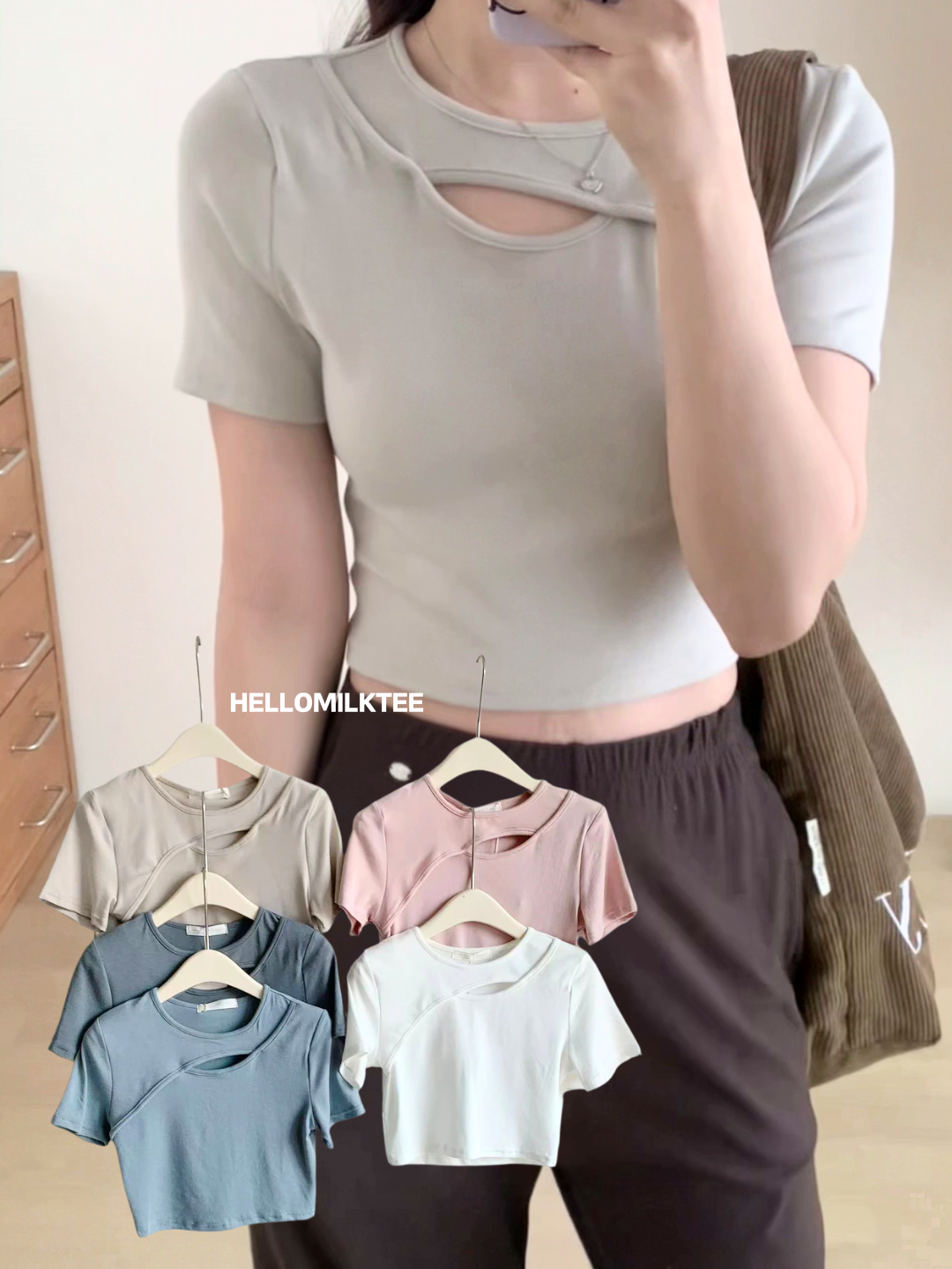 HELLO MILK TEE- 86030 圓領鏤空衫