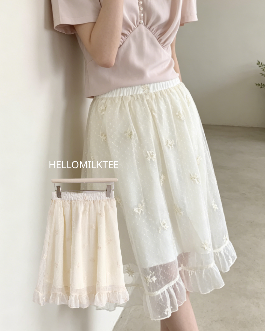 HELLO MILK TEE- 86489  繡花半裙