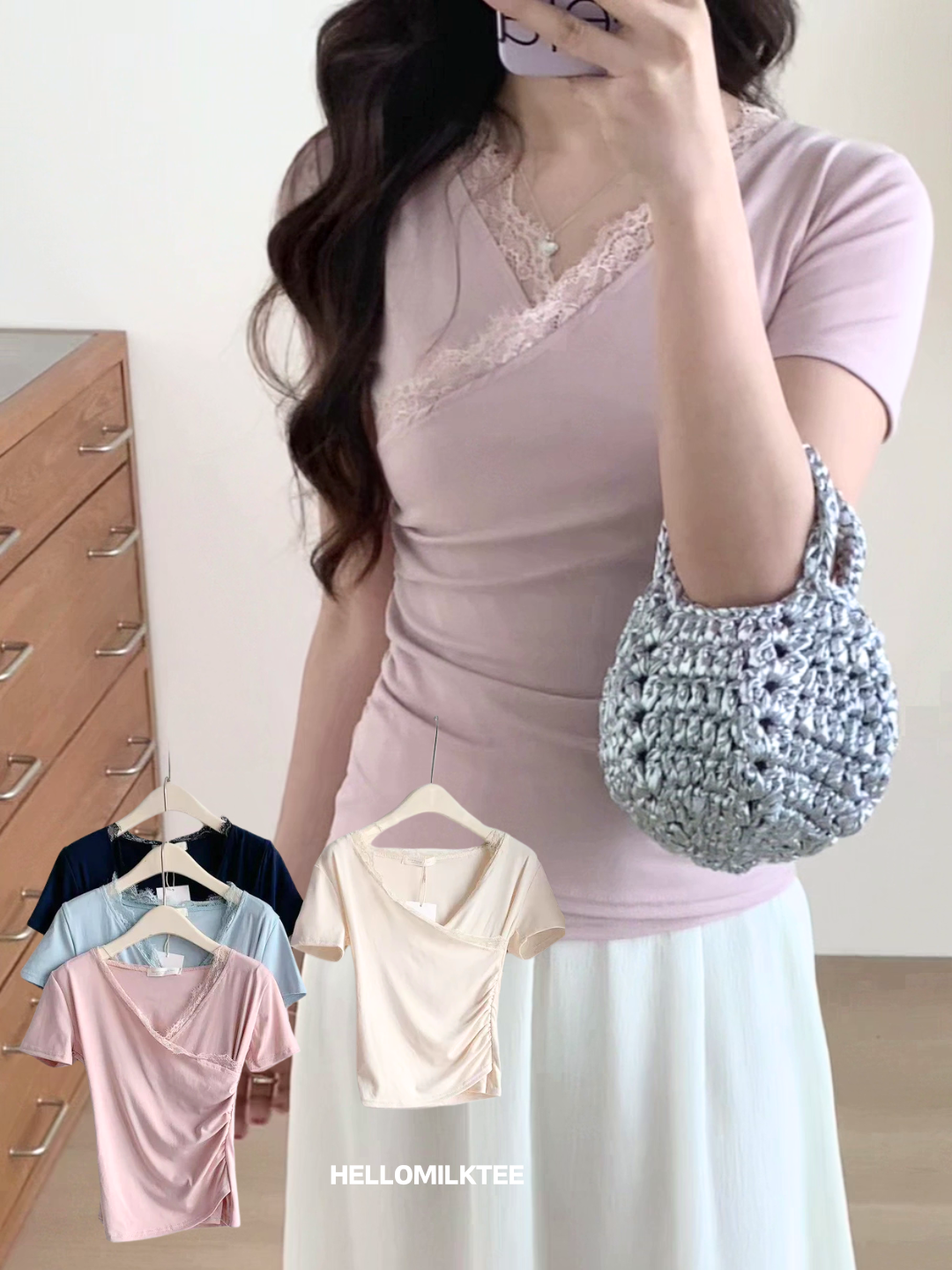 HELLO MILK TEE- 86146 V領小衫