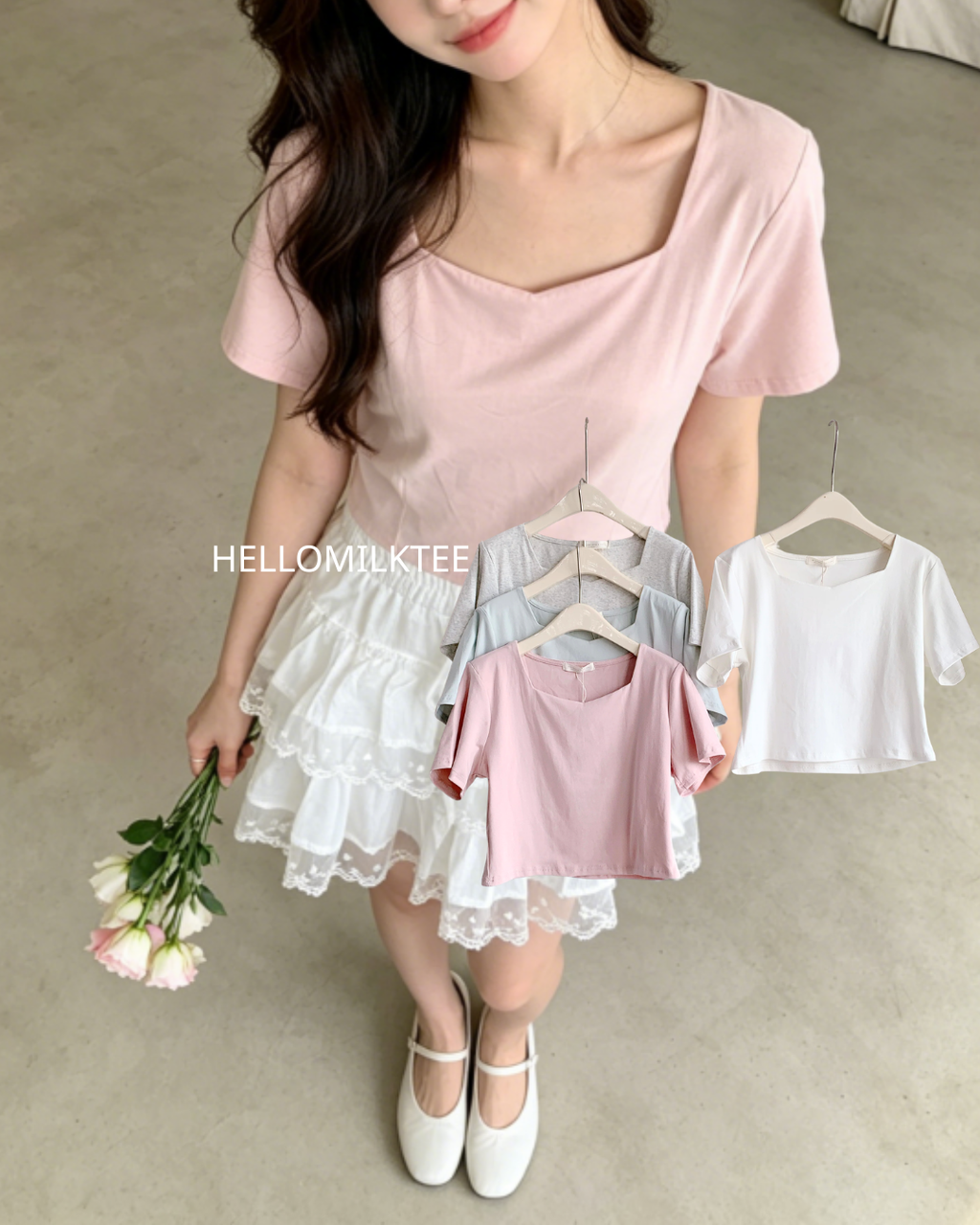 HELLO MILK TEE- 86473  方領上衣