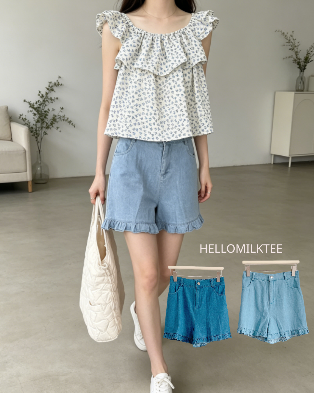 HELLO MILK TEE- 86277  牛仔短褲