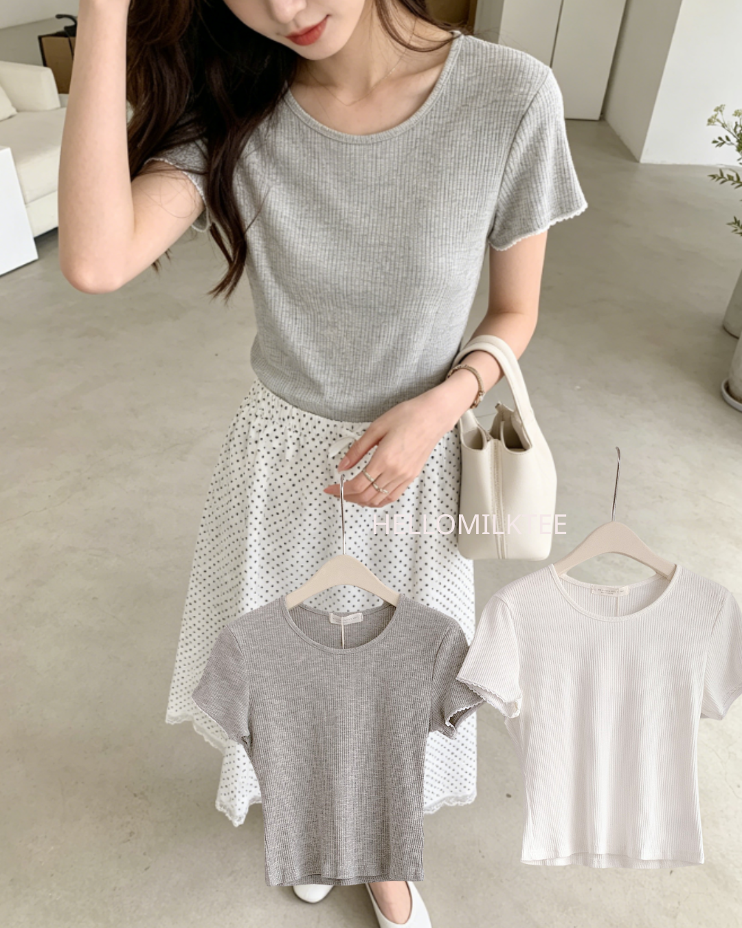 HELLO MILK TEE- 86373  花邊短袖