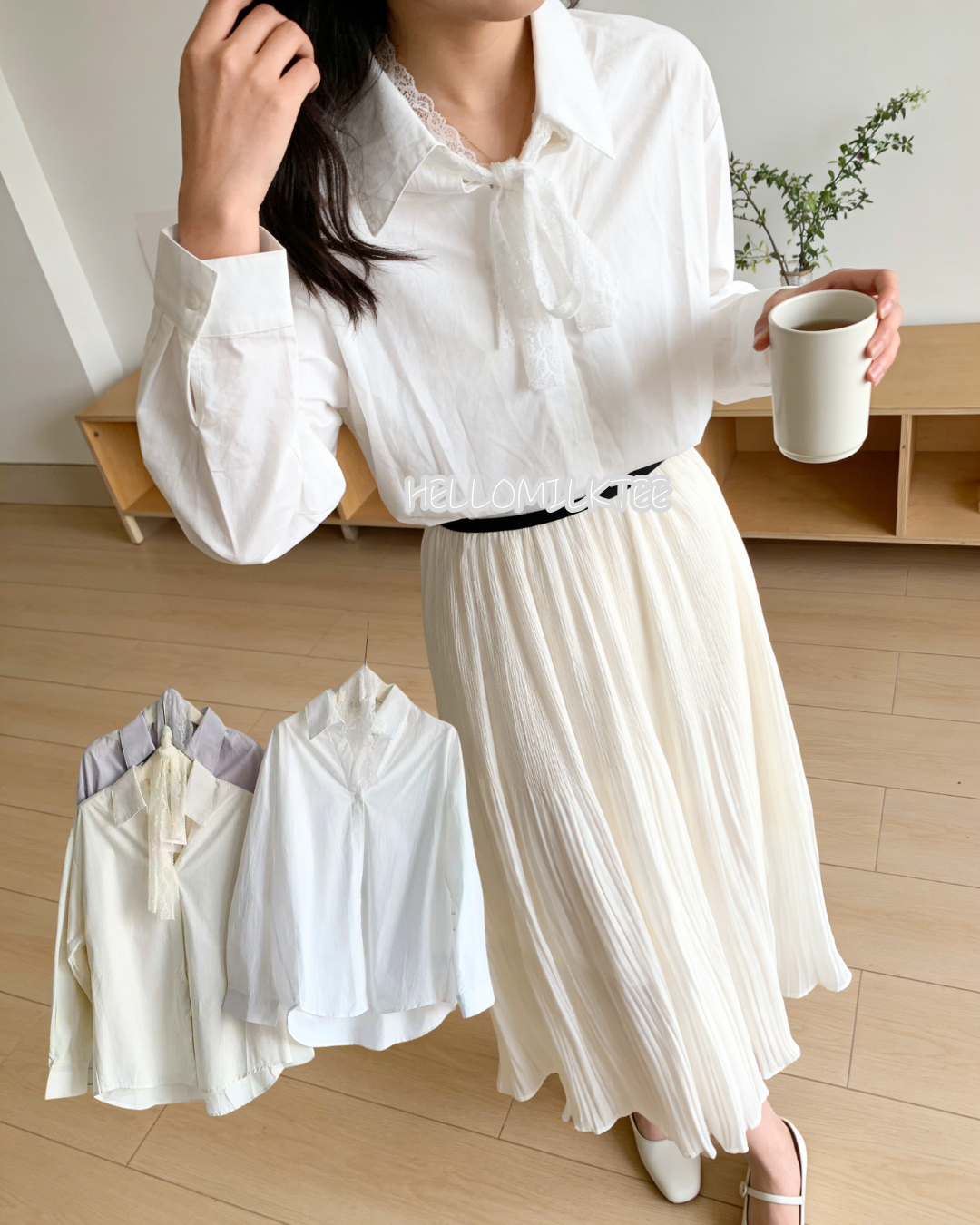 HELLO MILK TEE- 86114 飄帶襯衫