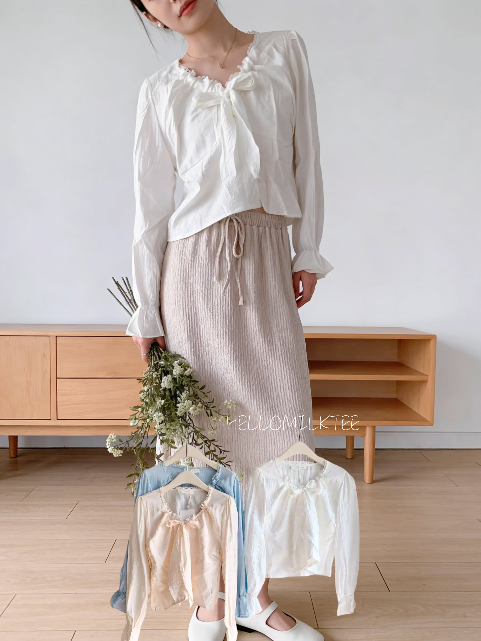 HELLO MILK TEE- 86082 綁繩小衫