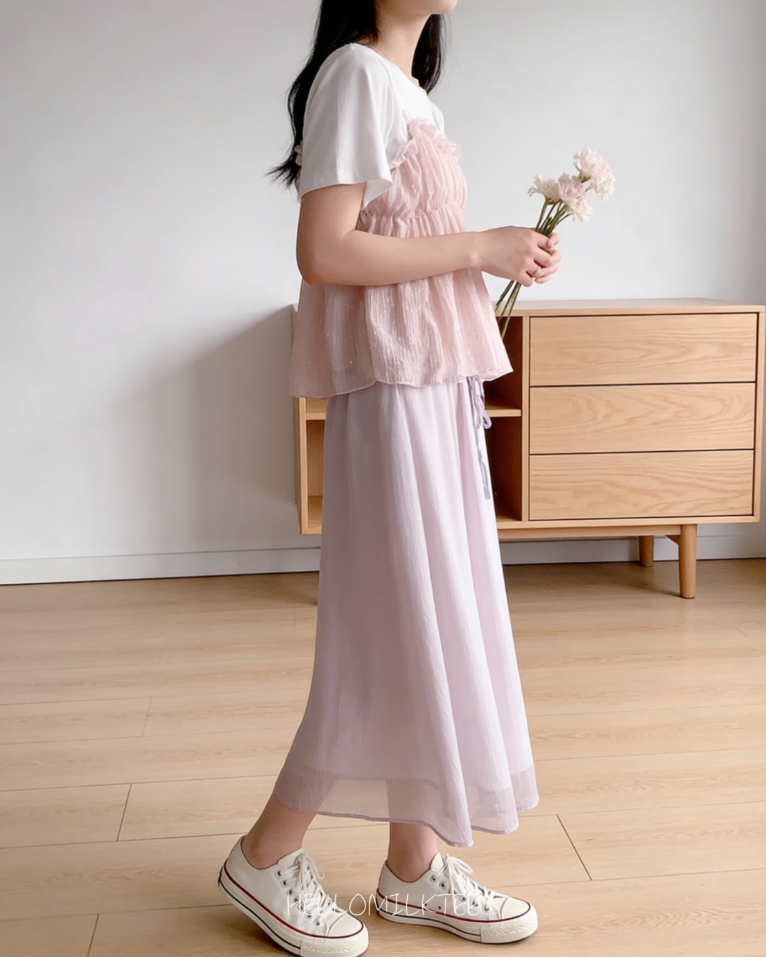 HELLO MILK TEE- 86095 碎花套裝