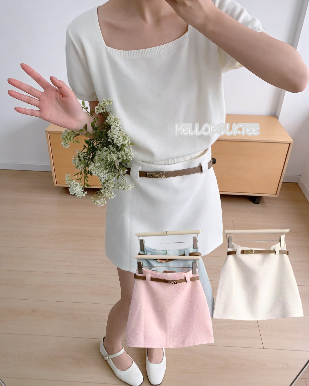HELLO MILK TEE- 86148 皮帶短裙