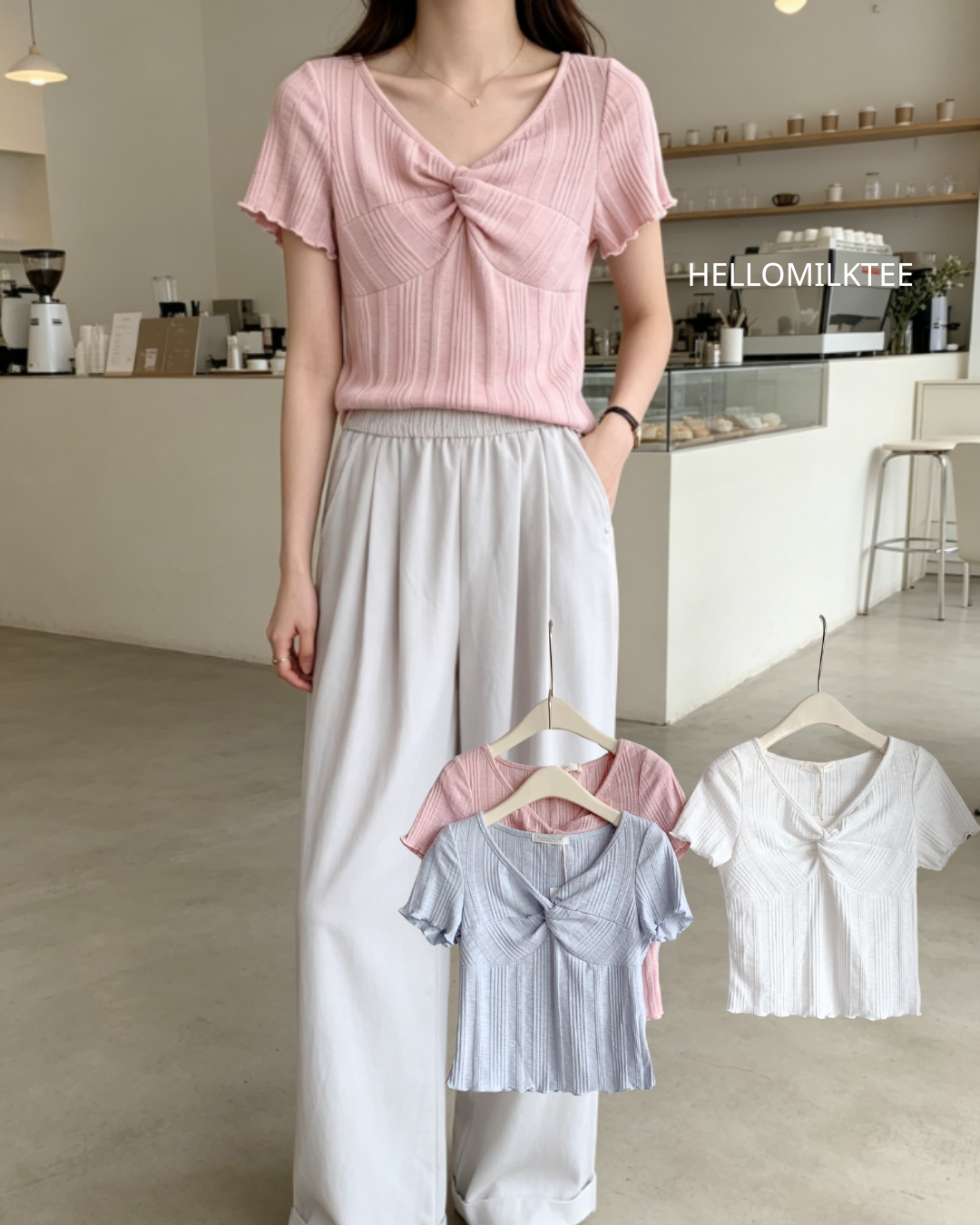 HELLO MILK TEE- 86506  褶皺小衫