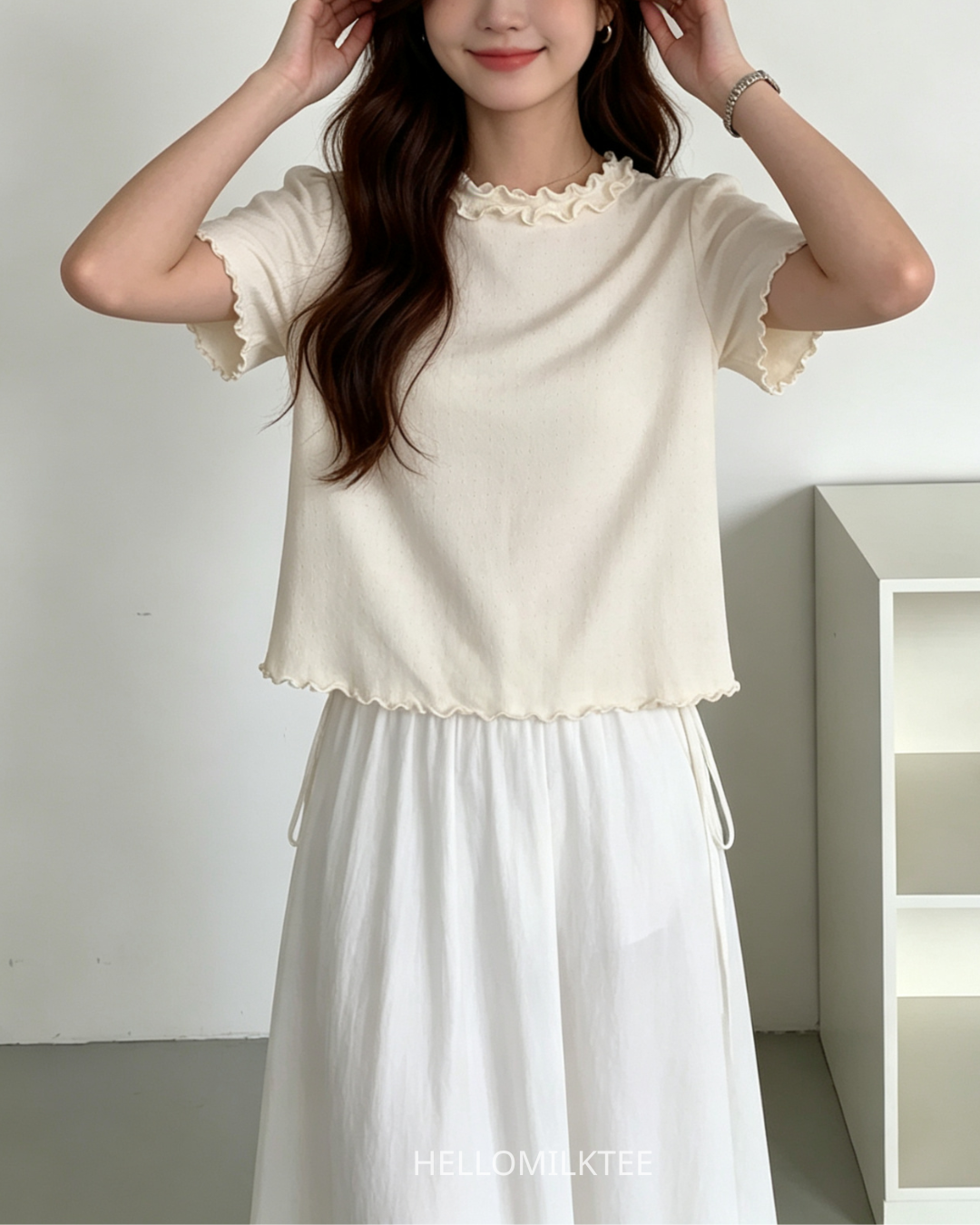 HELLO MILK TEE- 86631  花邊短袖