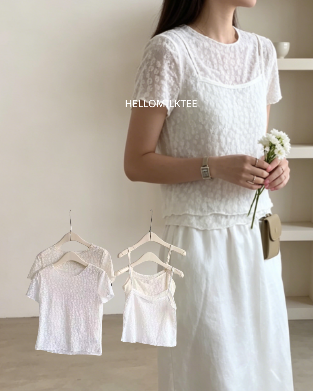 HELLO MILK TEE- 86375 蕾絲套裝