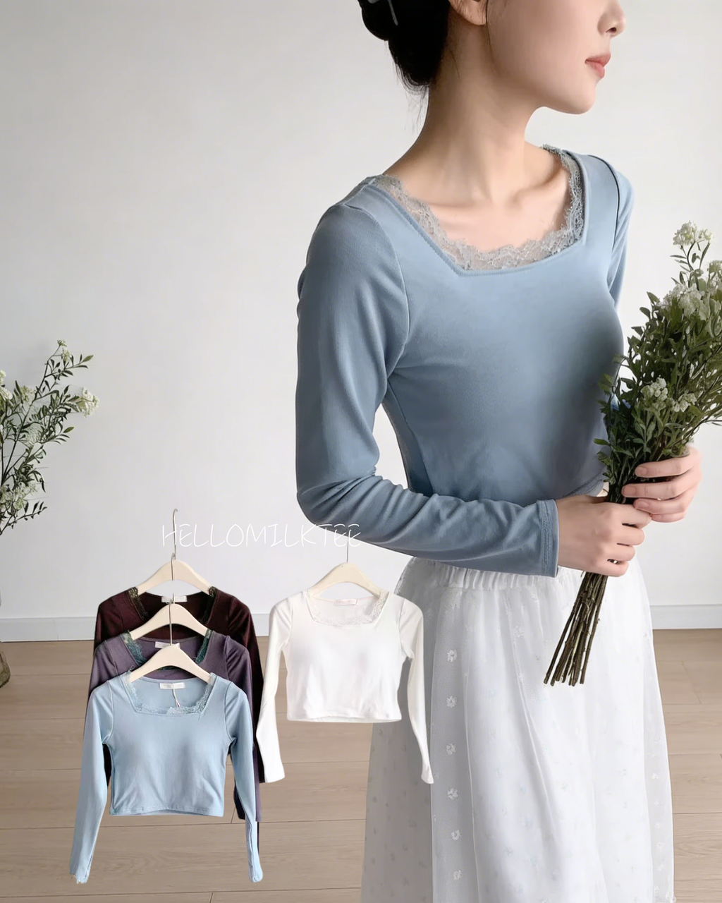 HELLO MILK TEE- 86013 蕾絲領上衣