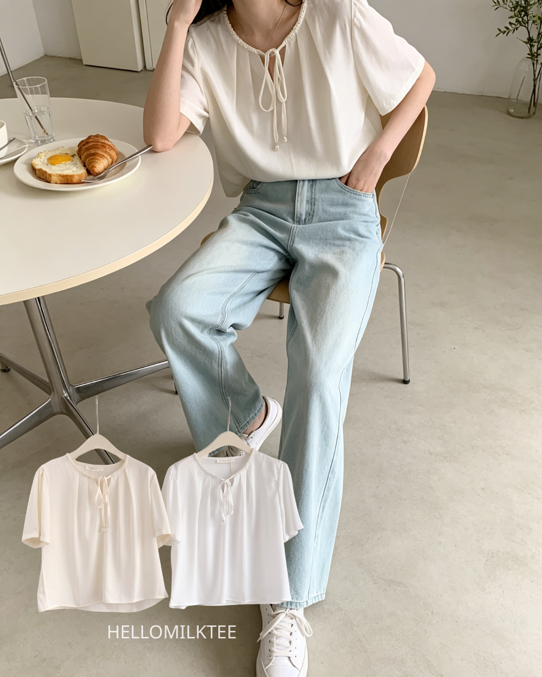 HELLO MILK TEE- 86331  系帶小衫