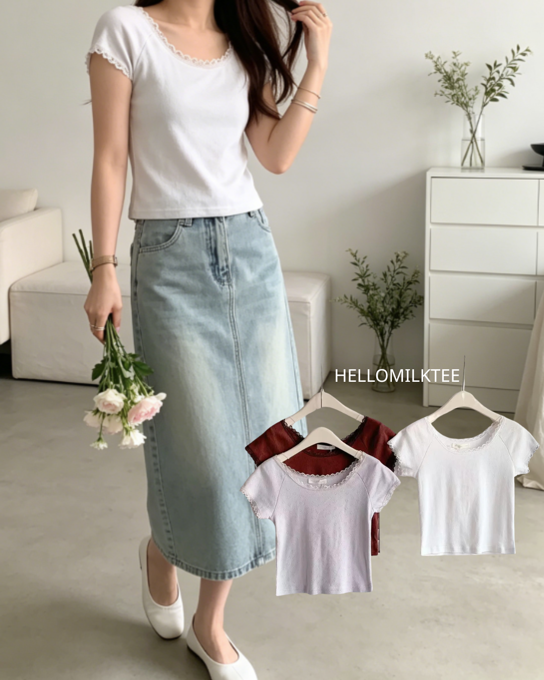 HELLO MILK TEE- 86351 方領拼接衫