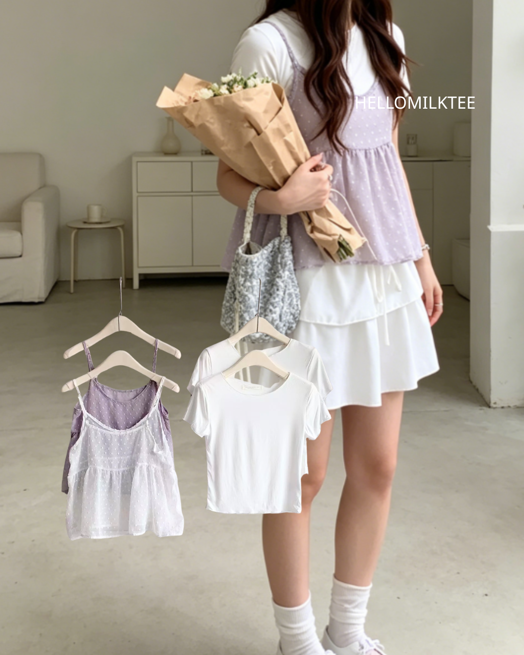 HELLO MILK TEE- 86389 雪紡兩件套
