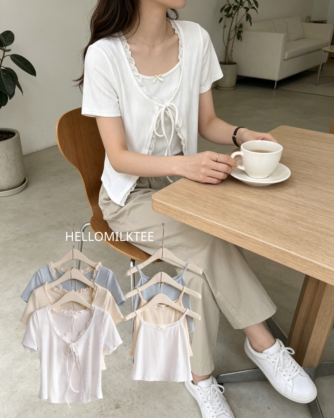 HELLO MILK TEE- 86345  短袖兩件套