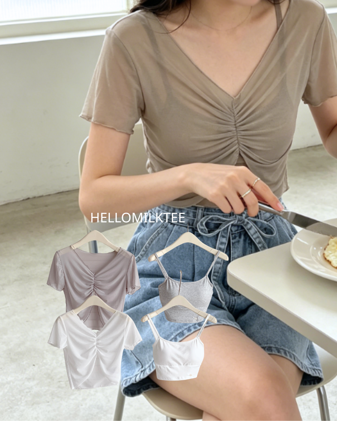 HELLO MILK TEE- 86521  褶皺套裝有墊上衣