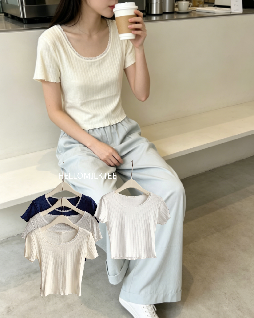 HELLO MILK TEE- 86429  花邊小衫