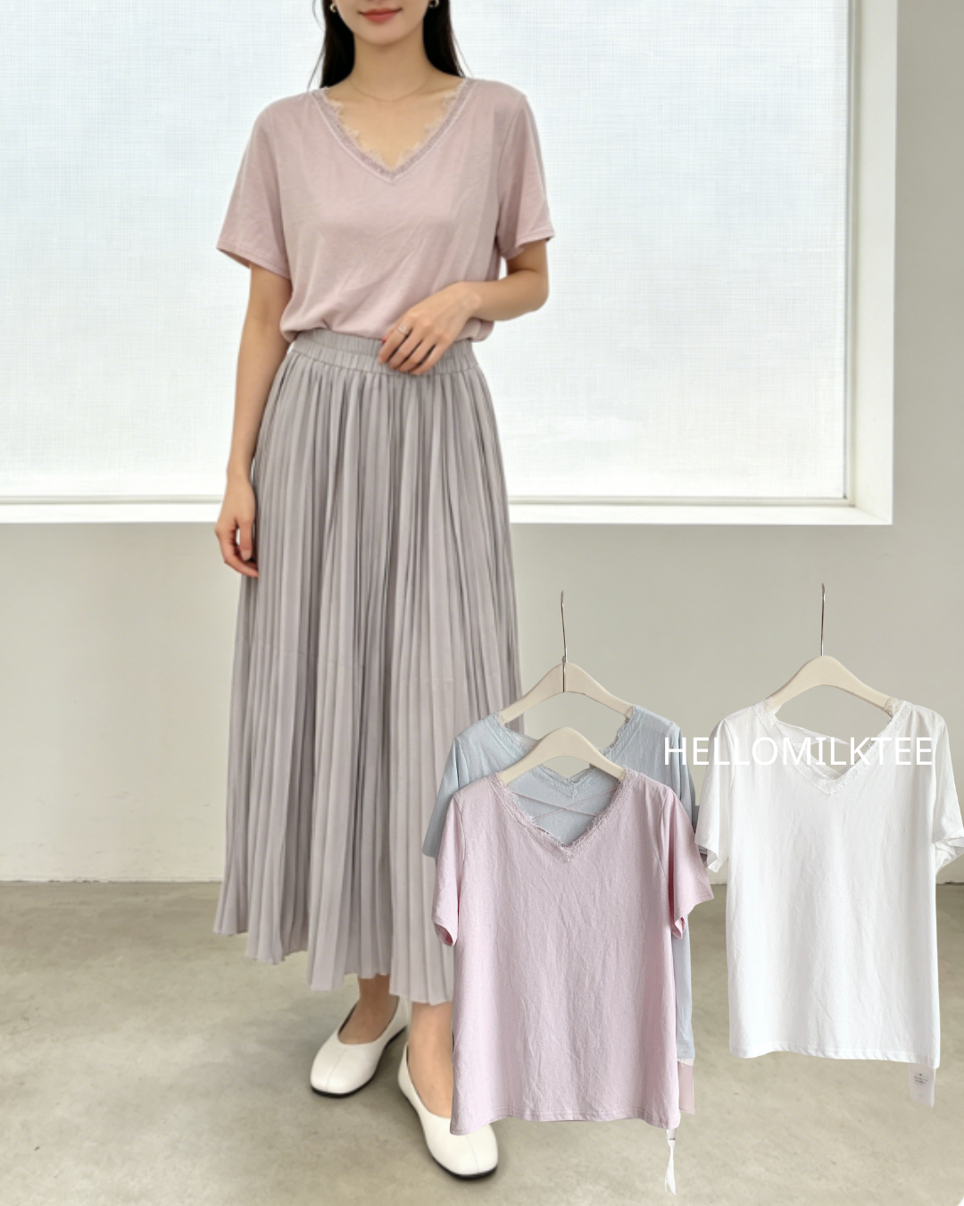 HELLO MILK TEE- 86504  蕾絲拼接衫