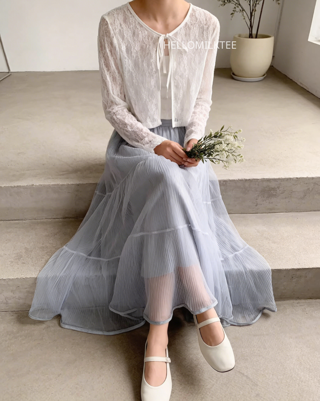 HELLO MILK TEE- 86227 系帶小衫