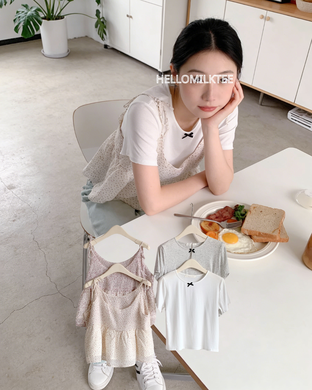 HELLO MILK TEE- 86286 韓系套裝