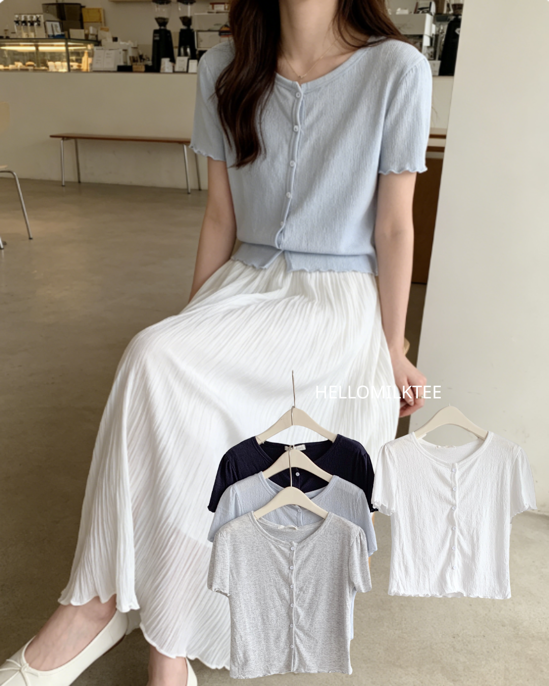 HELLO MILK TEE- 86512  純色排扣衫