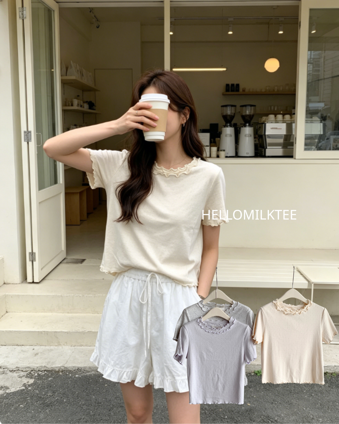 HELLO MILK TEE- 86631  花邊短袖
