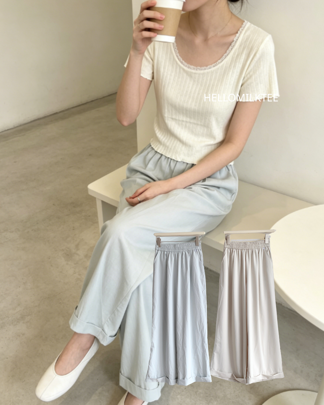 HELLO MILK TEE- 86535  翻邊直筒褲