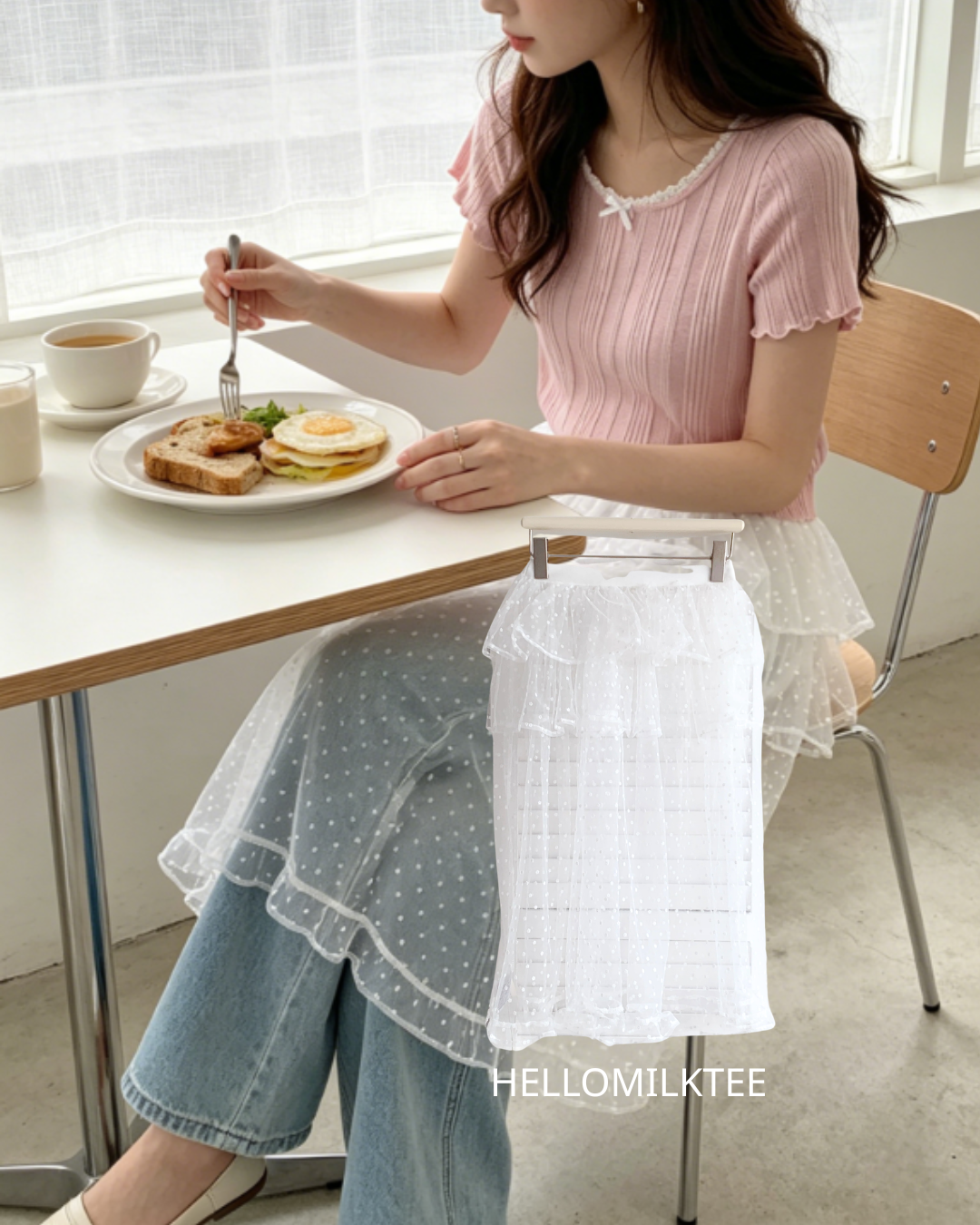 HELLO MILK TEE- 86594  網紗半裙