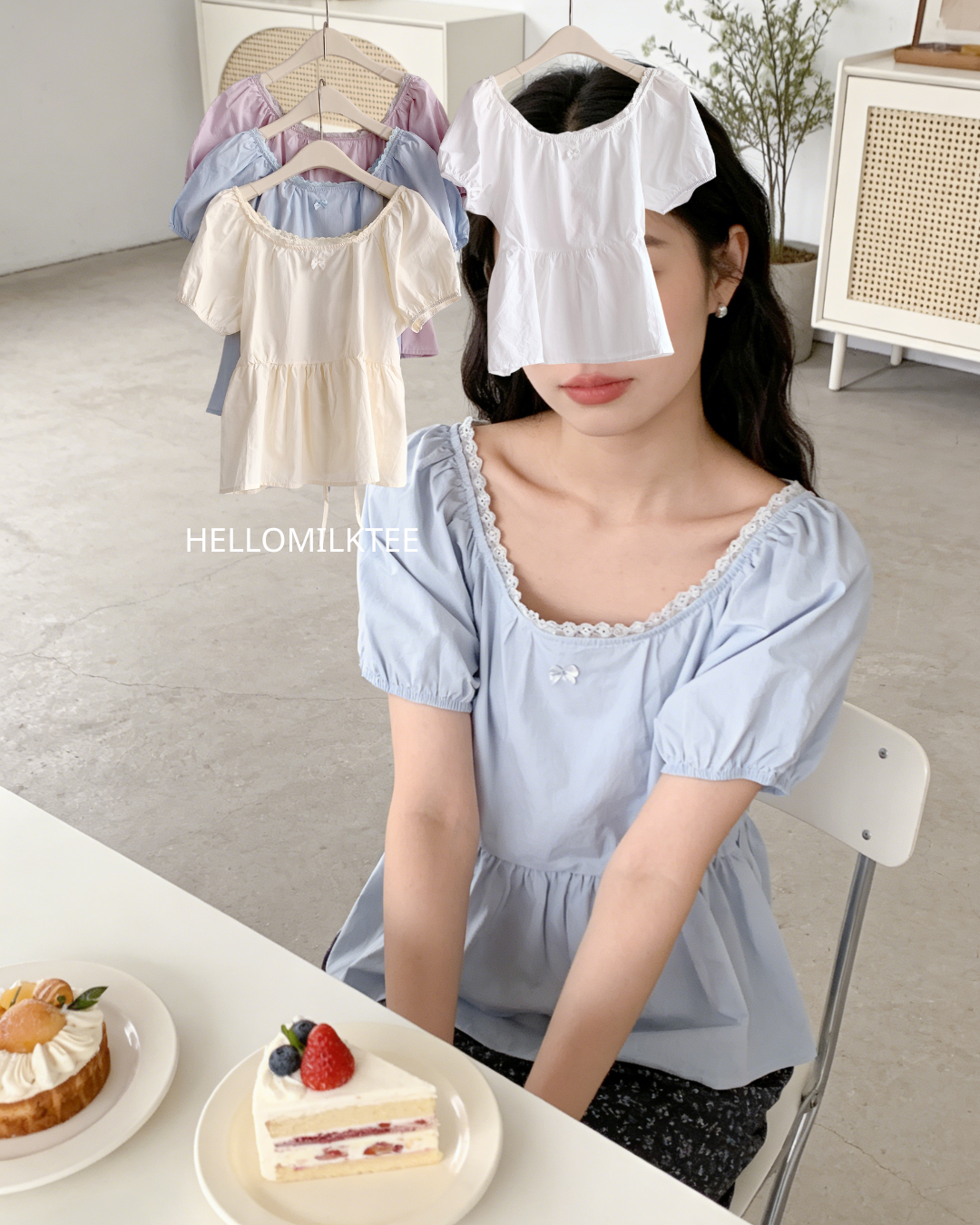 HELLO MILK TEE- 86339  方領小衫