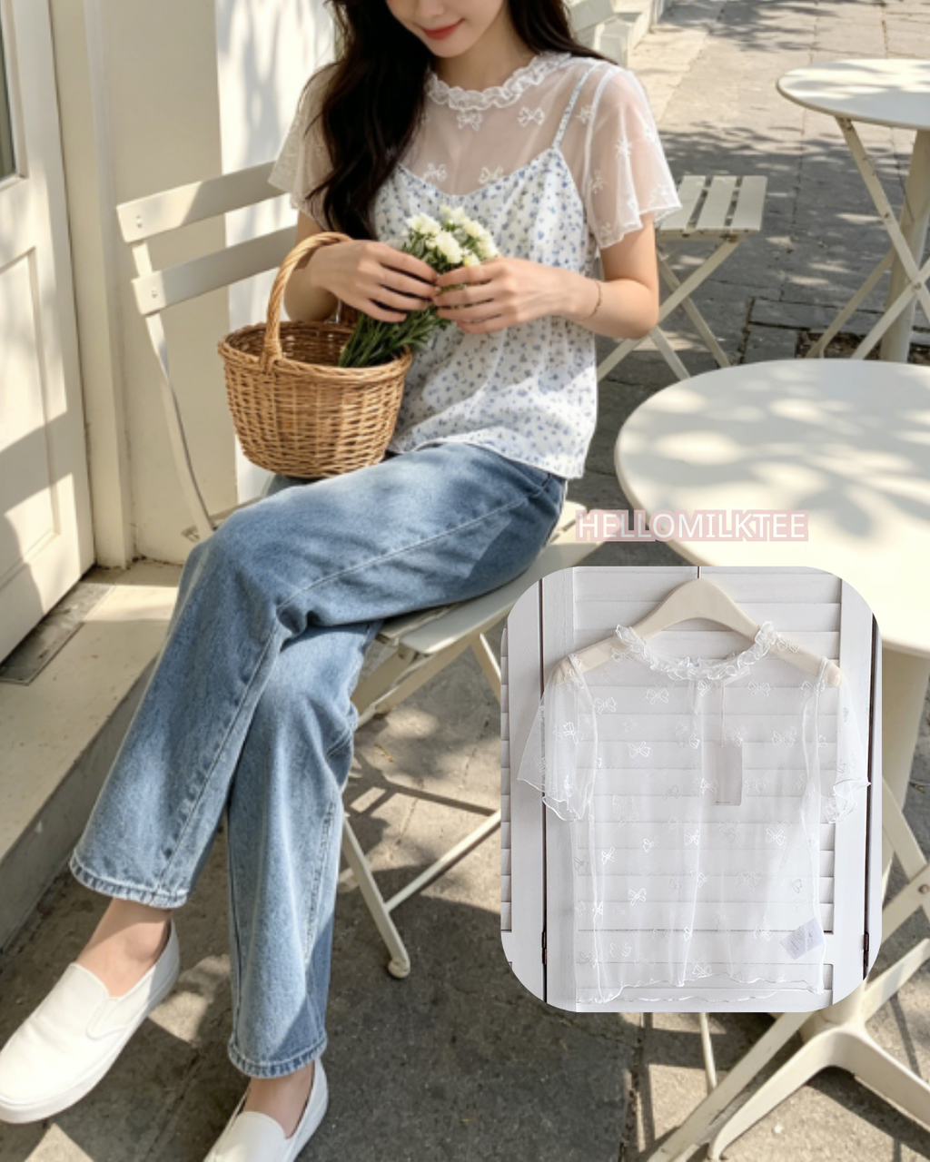 HELLO MILK TEE- 86645   網紗上衣