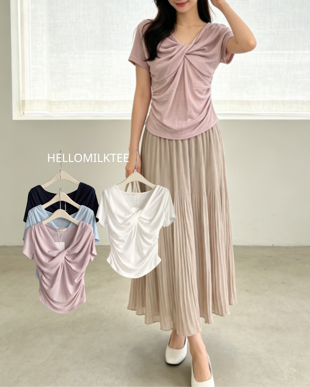 HELLO MILK TEE- 86588  扭結小衫