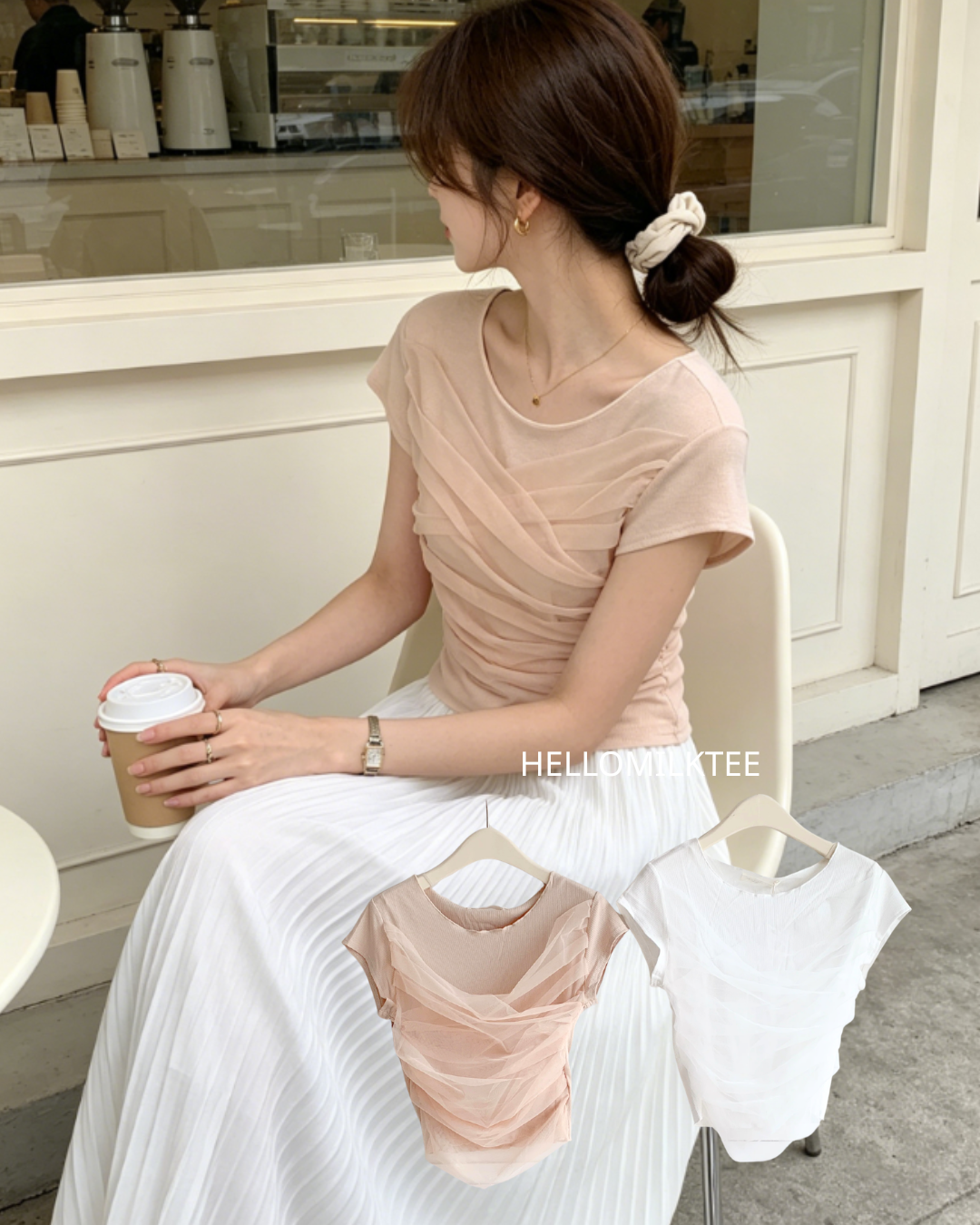HELLO MILK TEE- 86580  網紗上衣